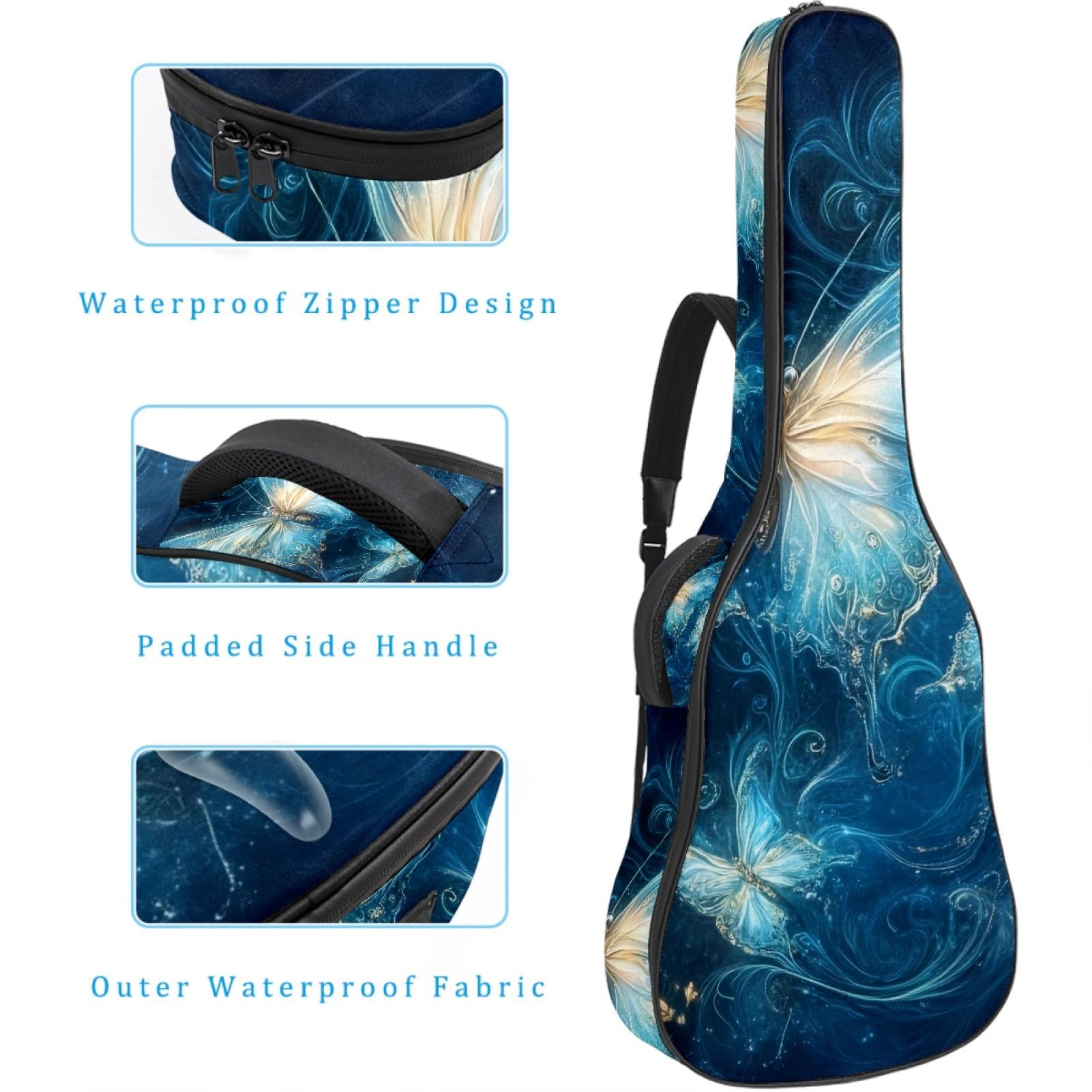 43 Zoll Akustikgitarre Softcase mit Rucksackgurt und 2 Taschen Blau Schmetterlinge Keine Polsterung Rucksack Wasserdicht Oxford Tuch Bassgitarre Gigbag für Konzertgitarre, mehrfarbig,