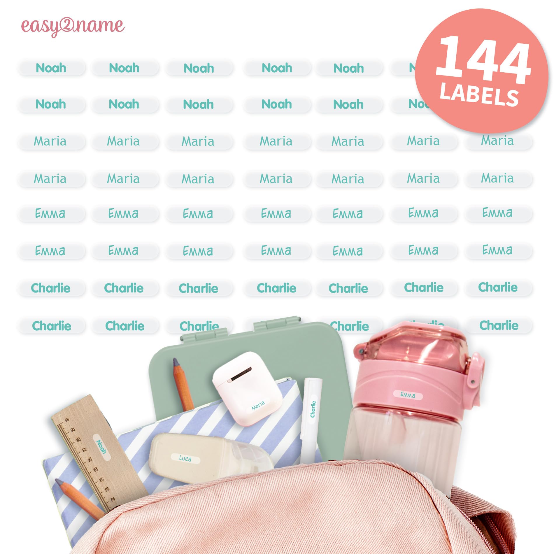 Easy2Name - Personalised mini XS Name Labels - Waterproof Name Stickers for Children and Adults - Ideal as Name Stickers in The Office, Workshop or School -20x4mm - Transparent (Turquoise, 144)