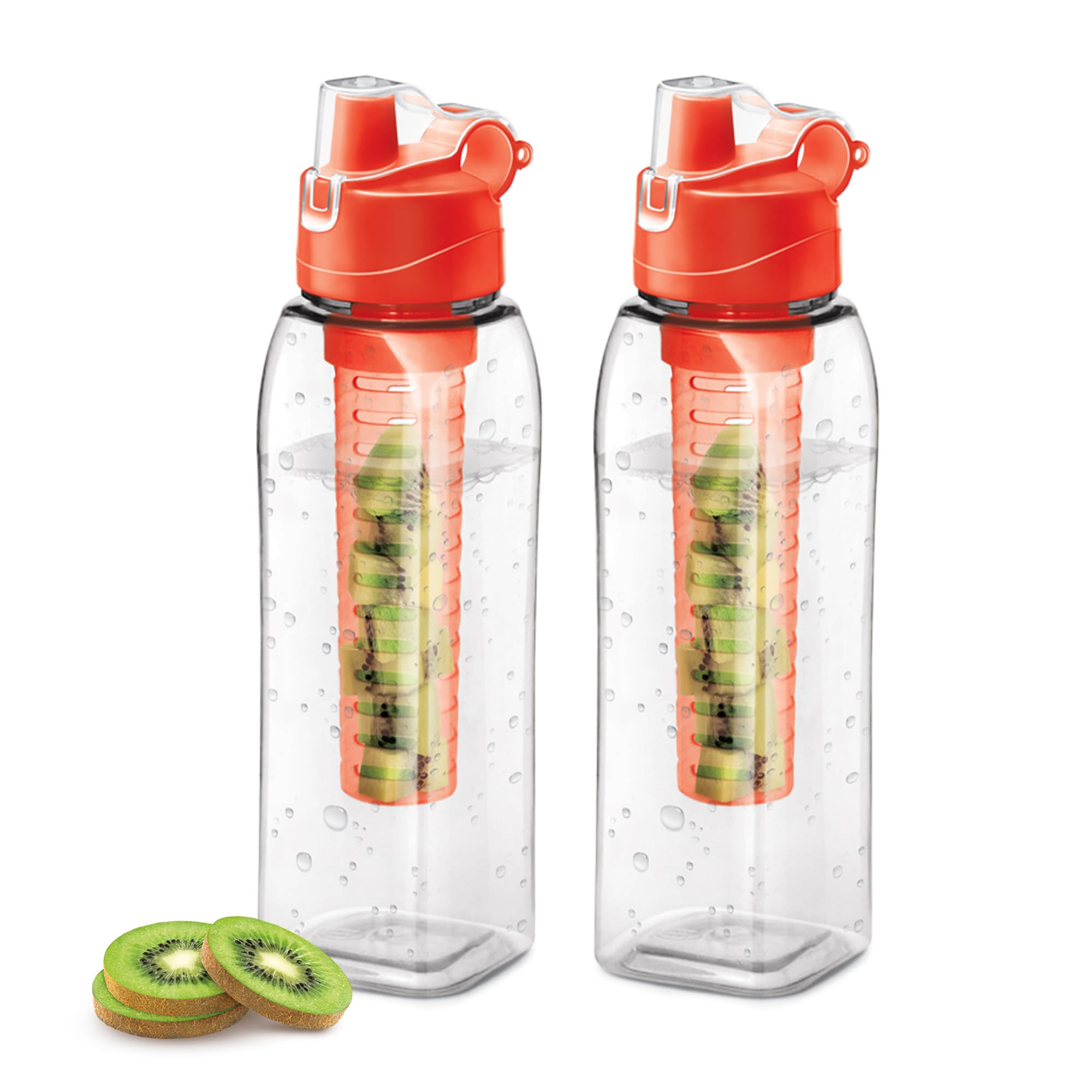 MILTON Infuser Plastic Water Bottle, 1 Litre each, Set of 2, Orange, Food Grade, Reusable, BPA Free, Recyclable, Leak Proof, Detox, Fruit Infuser
