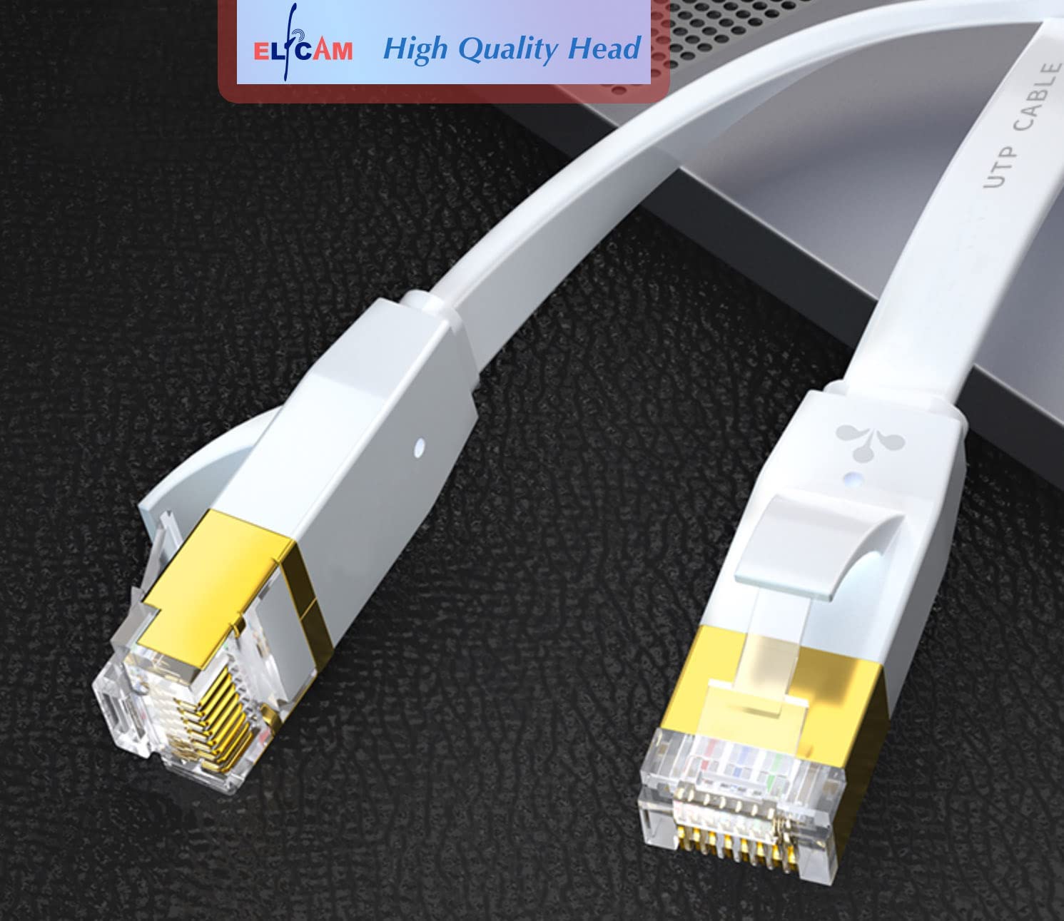 Elfcam® - 15M Ethernet Cable Cat 7 Flat, LAN Cable with Gold-Plated RJ45 Connector, Network Cable 100% Copper Rigid Installation Cable, SFTP, 32 AWG, White, 15m