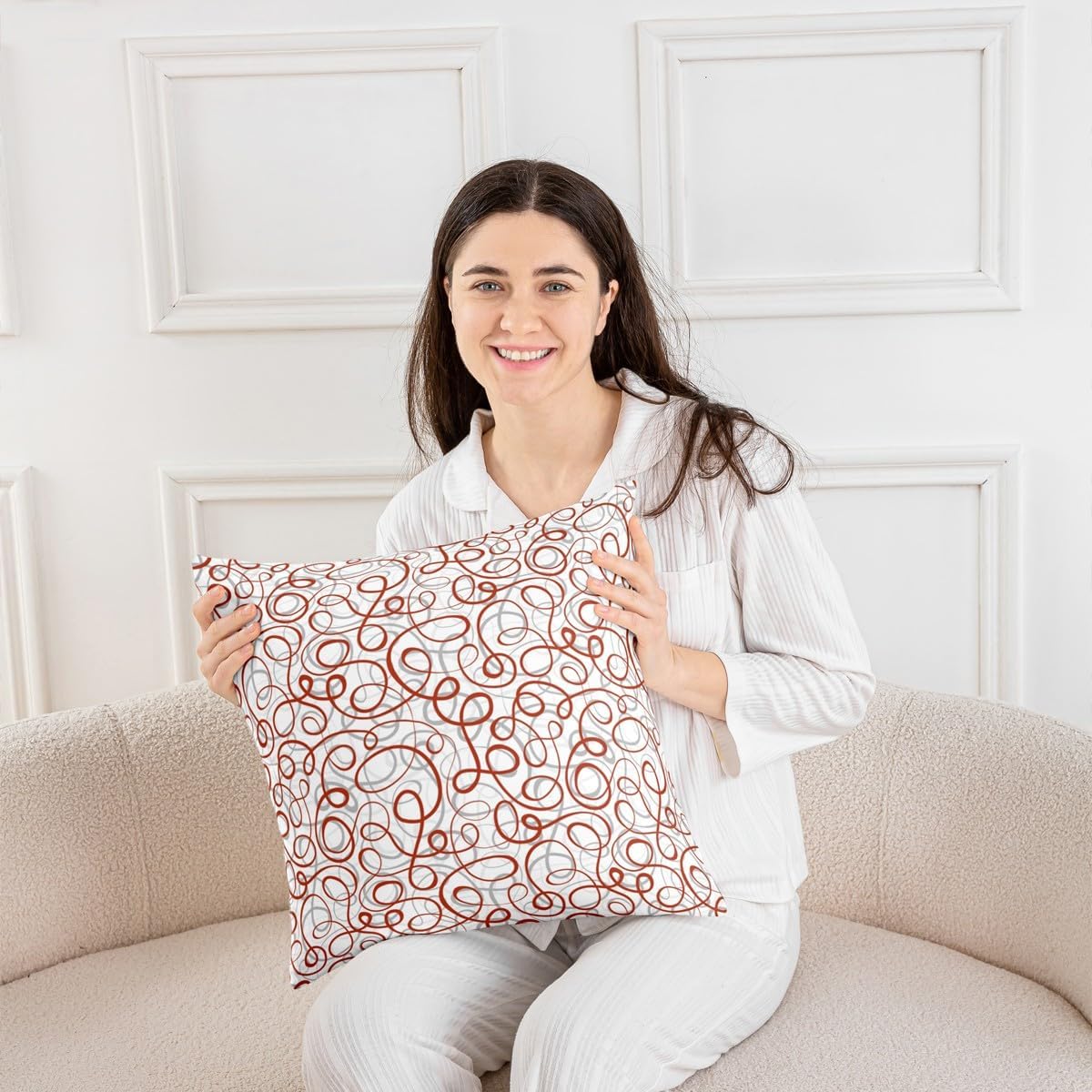 Erosebridal Line Pack of 4 Throw Pillow Covers 18x18 Inch Modern Art Cushion Covers for Kids Boys Men Geometric Abstract Aesthetic Ombre Curve Cushion Cases White Red Decorative Pillowcases