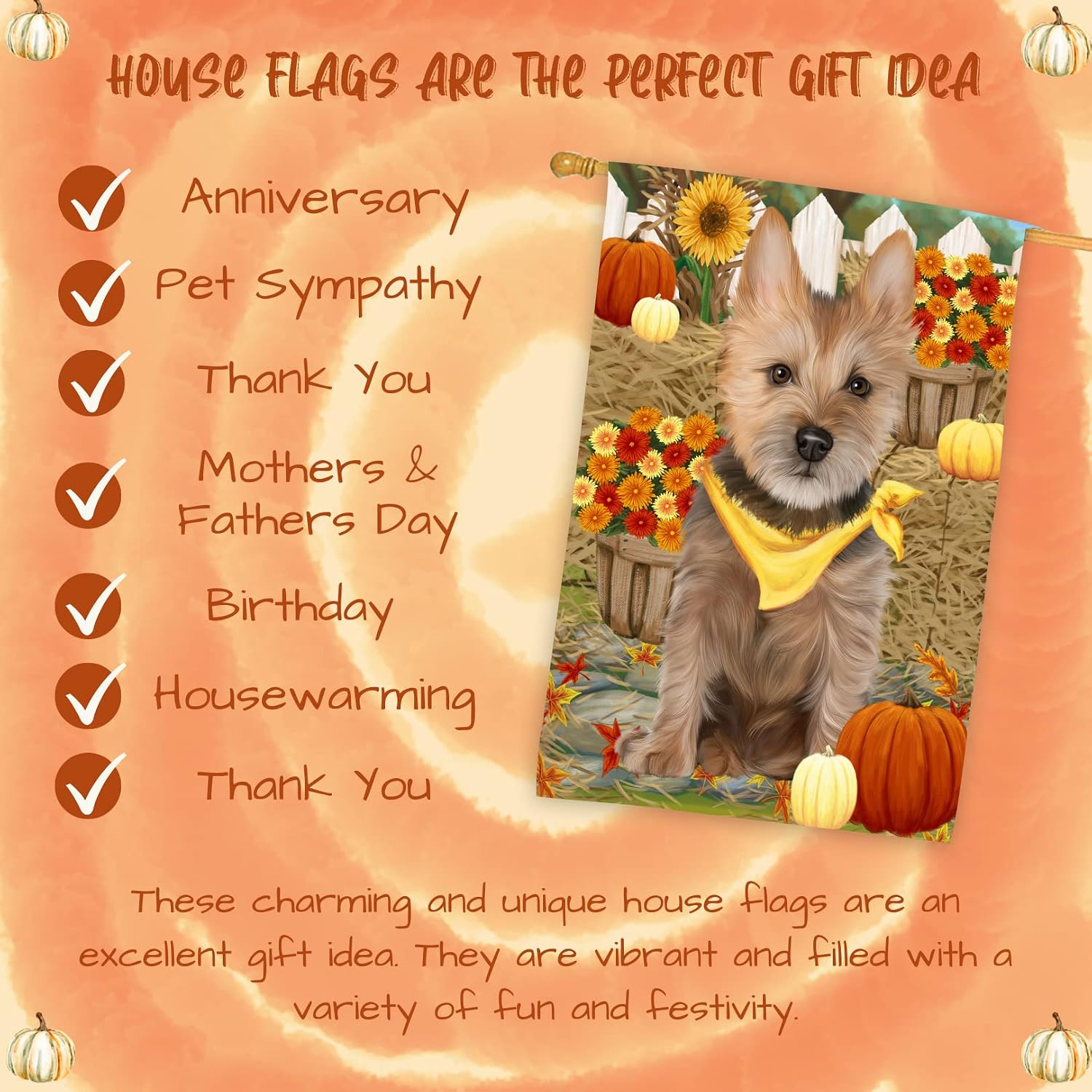 Fall Autumn Greeting Australian Terrier Dog House Flag - Outdoor Double Sided Pet Portrait Weather Resistant Premium Quality Home Decorative Flags - 100% Polyester 29"w x 43"h, HFLG50093