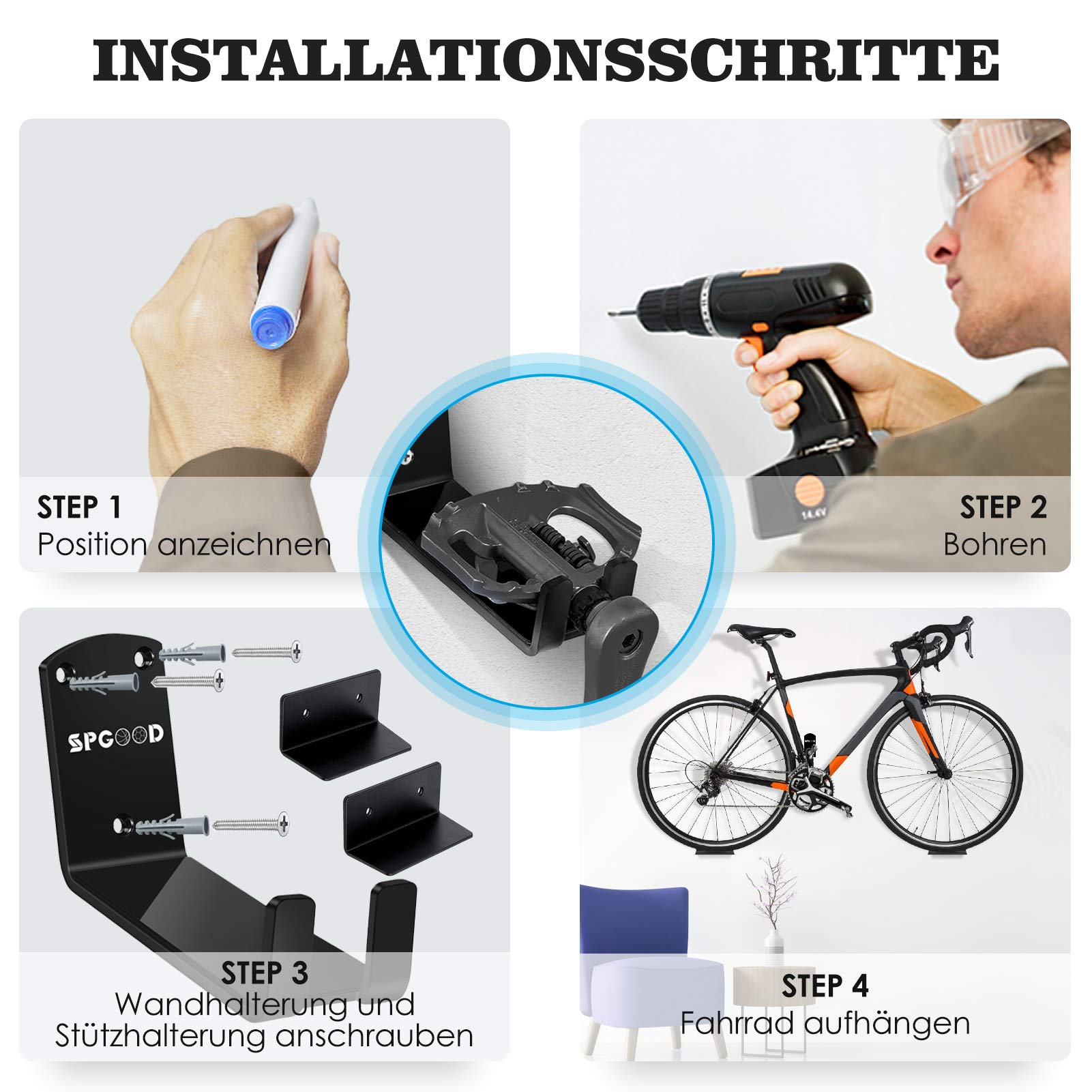 SPGOOD Support Mural Vélo 3 en 1, Charge 32 Kg pour Vélos Électrique(1PCS) | avec 2 Équerres, 2 Coussinets de Protection, Suspension Pédale pour VTT, Vélos Électriques Et Vélo de Course