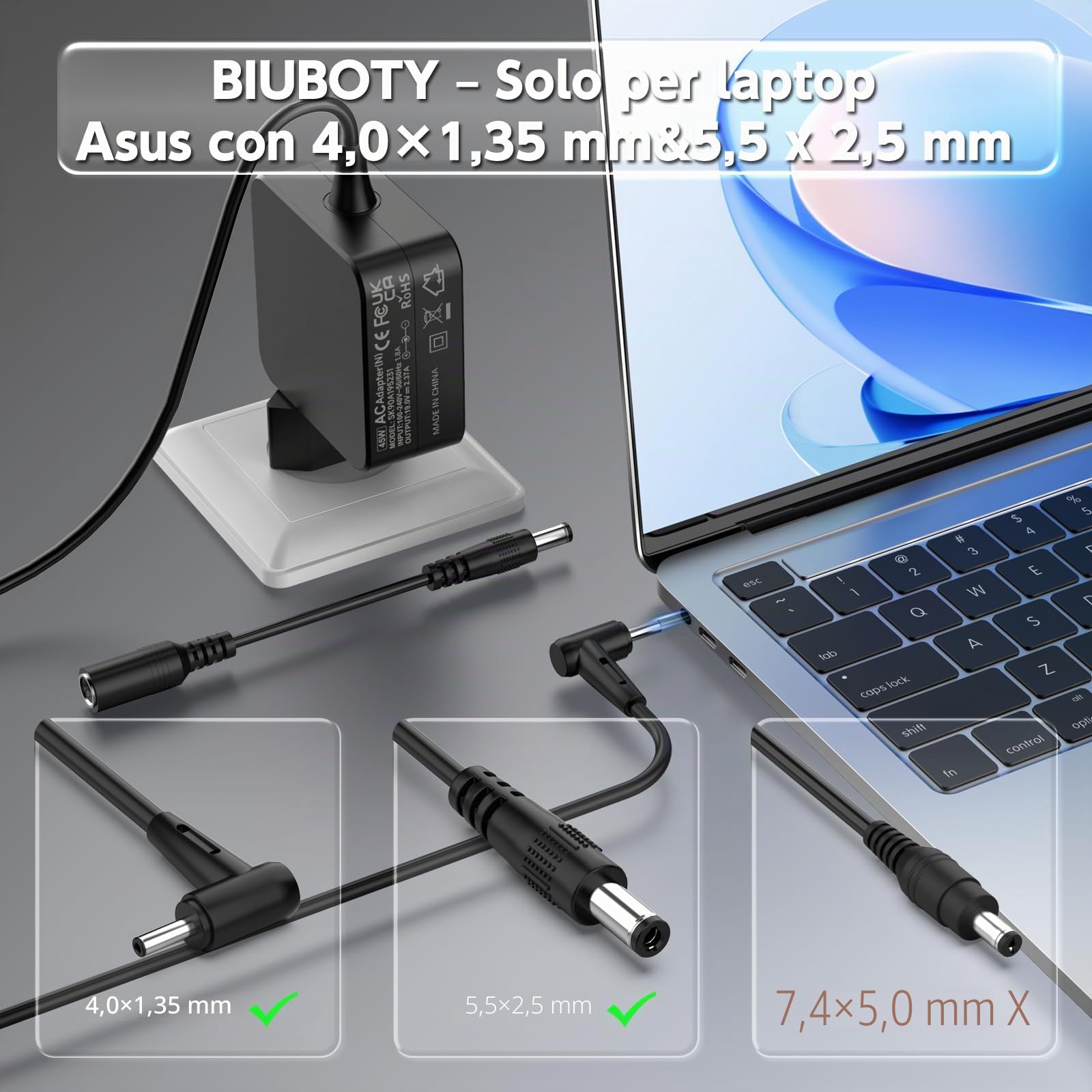 BIUBOTY Caricatore 45W Portatile 19V 2.37A Compatible con Asus Vivobook 14 15 Zenbook UX330 UX330U UX360 UX360C UX305 Q504U Q504UA Q302 Q302L Q302LA Notebook Alimentatore Caricabatteria 4.0 x 1.35mm