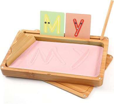 AtMini Montessori Sand Tray with Lid - Wooden Sand Trays for Kids Writing Letters and Numbers, Preschool Classroom Must Haves, Kindergarten Learning Tools Pink