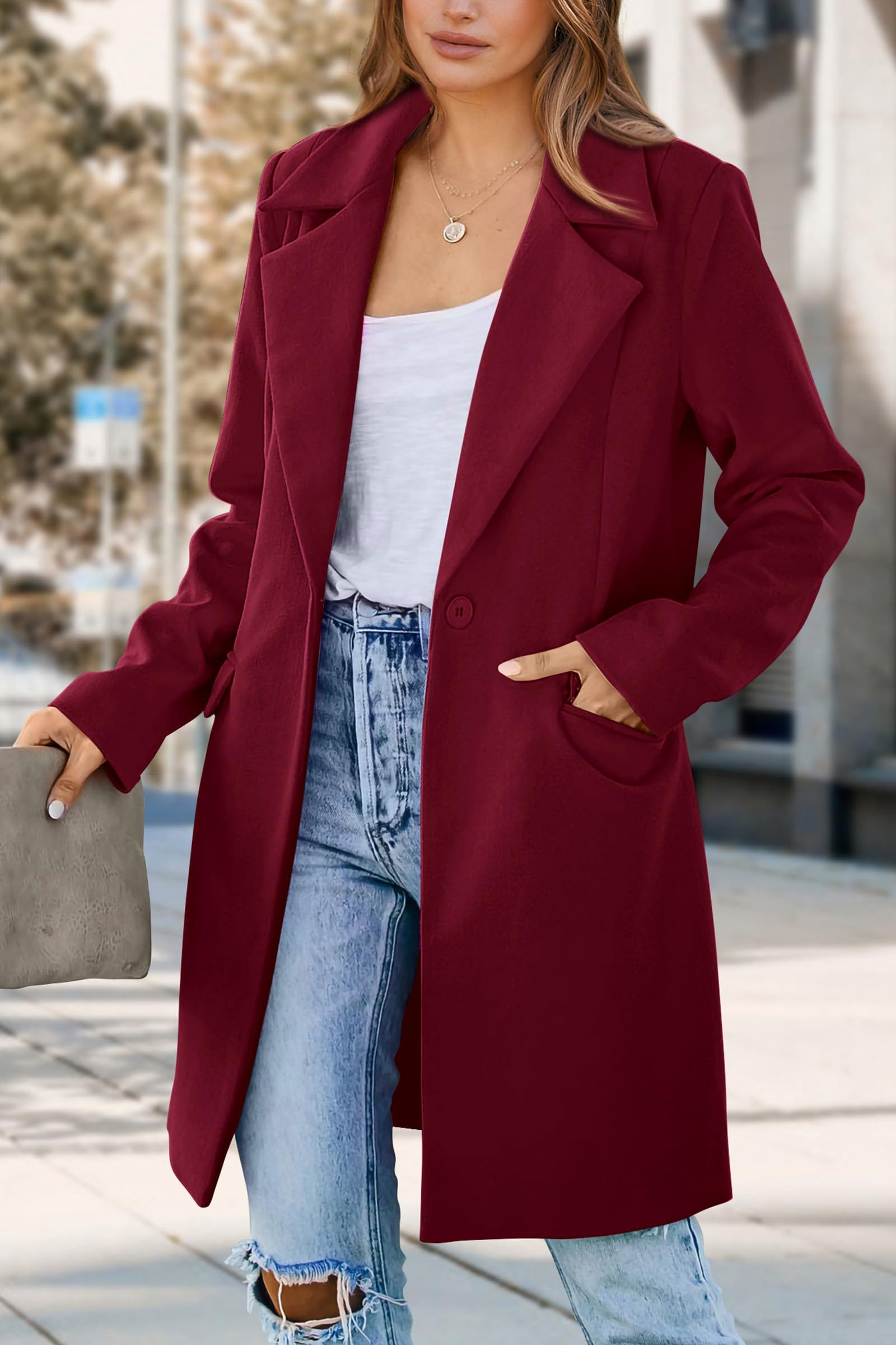 PRETTYGARDEN Women's Business Casual Long Blazer Jackets(Wine Red,S) view 5