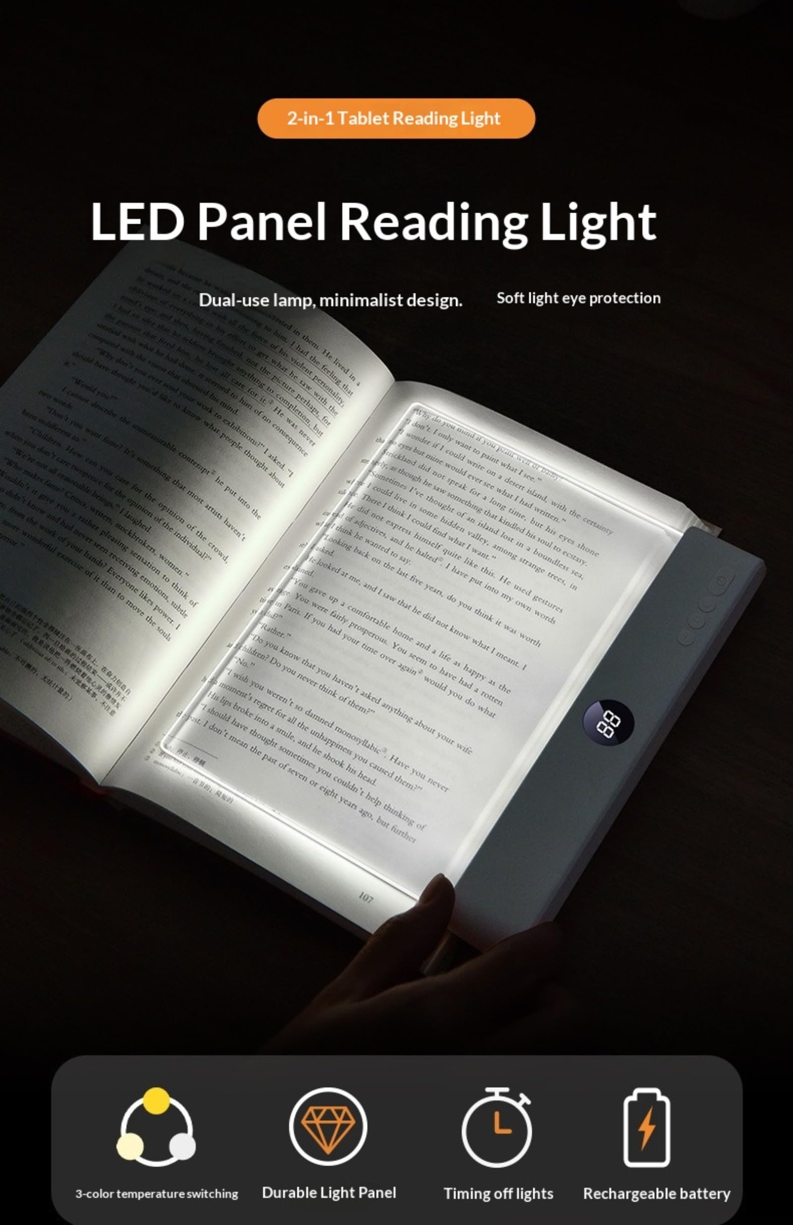 Lampada Da Lettura LED con 3 Colori, Timer, Luce Regolabile e Ricaricabile