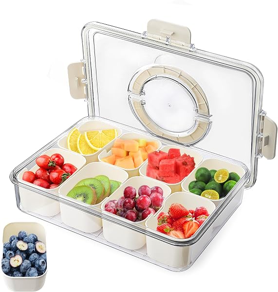 Plato para servir refrigerios, plato para refrigerios con 8 compartimentos, caja de almacenamiento para refrigerios con tapa y asa, bandeja organizadora para dulces, postres de galletas vegetales - 1