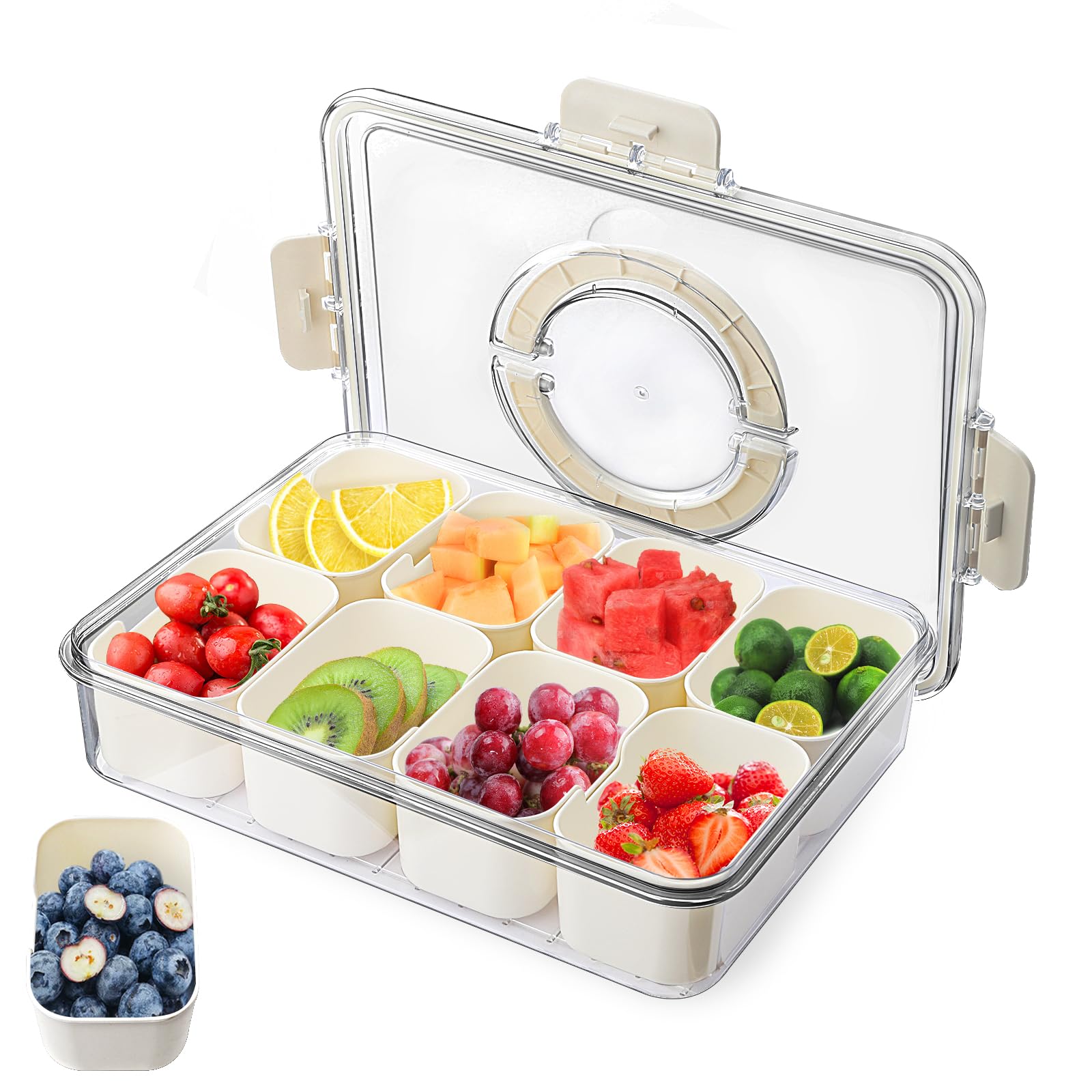 Plato para servir refrigerios, plato para refrigerios con 8 compartimentos, caja de almacenamiento para refrigerios con tapa y asa, bandeja organizadora para dulces, postres de galletas vegetales