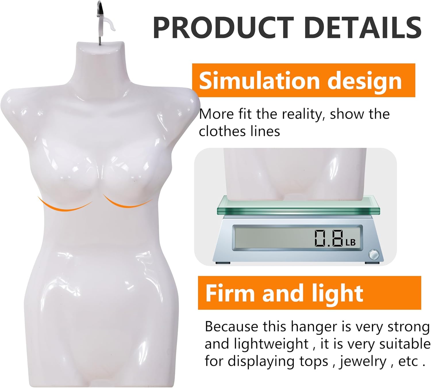 4PCS Sewing Mannequin Polypropylene (PP) Retail Mannequin Torso Sewing Manikin Hanging Type Mannequin Clothing Form Display Mannequin with Metal Hook (White, 27Inch)