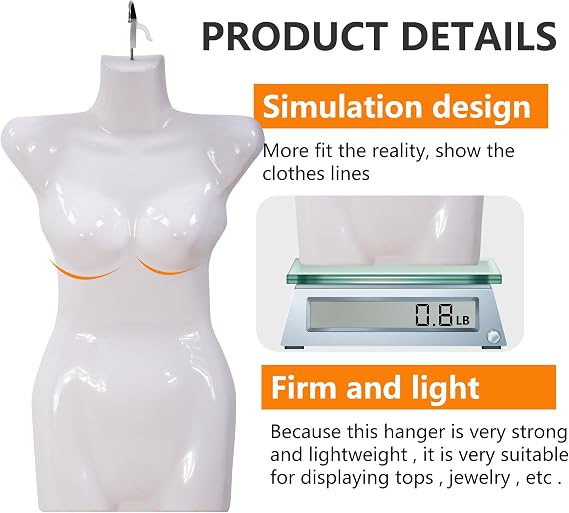 4PCS Sewing Mannequin Polypropylene (PP) Retail Mannequin Torso Sewing Manikin Hanging Type Mannequin Clothing Form Display Mannequin with Metal Hook (White, 27Inch)
