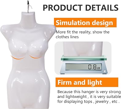 4PCS Sewing Mannequin Polypropylene (PP) Retail Mannequin Torso Sewing Manikin Hanging Type Mannequin Clothing Form Display Mannequin with Metal Hook (White, 27Inch)