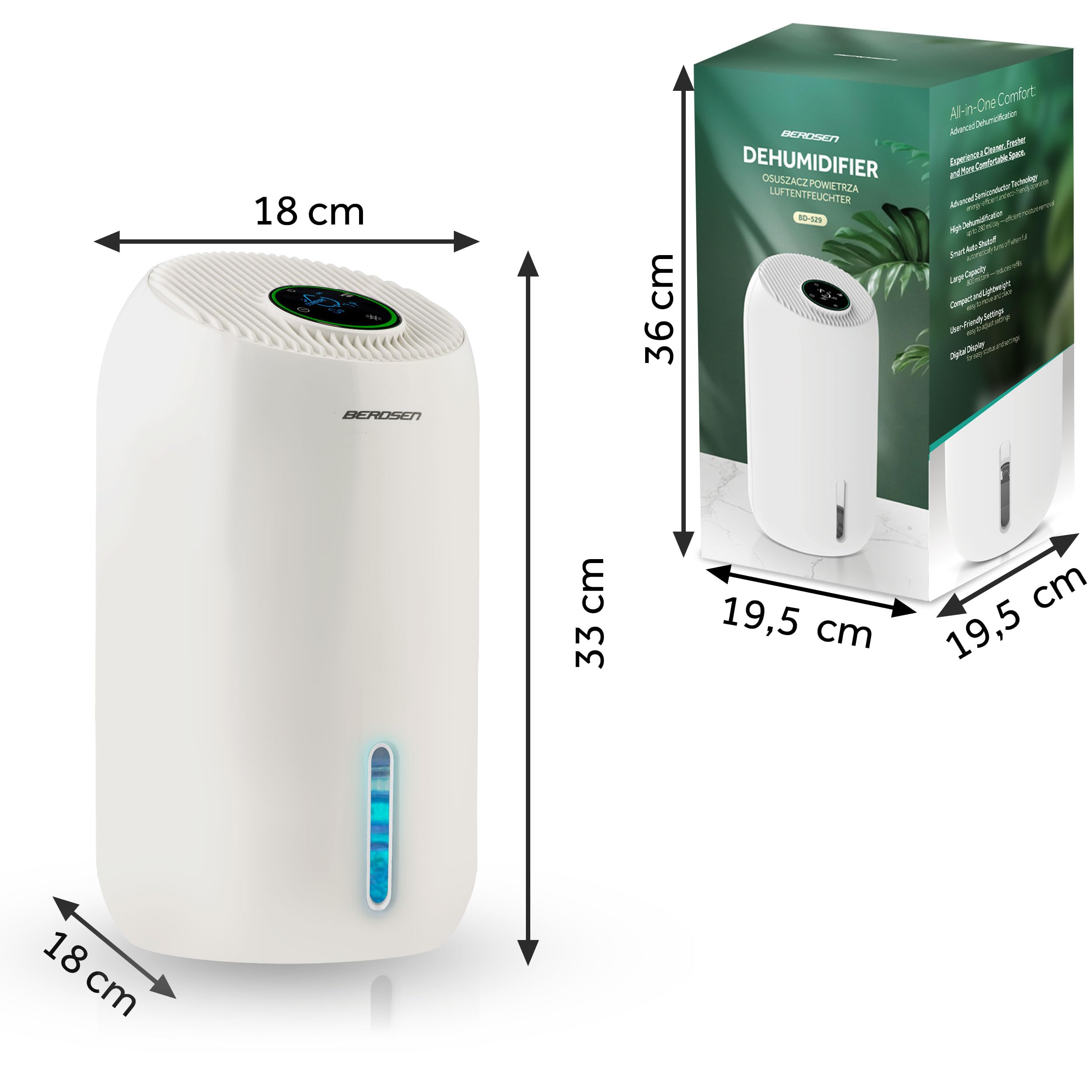Berdsen Osuszacz Powietrza Pochłaniacz Wilgoci Cichy Do 34 dB Zbiornik Na Wodę 1650 ml Energooszczędny LED BD-529 Biały