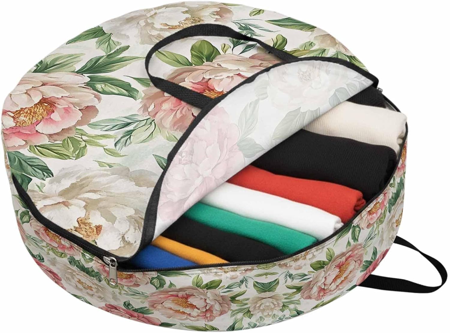 Vintage Flower Round Storage Bag 36 Inch, Watercolor Pink White Flowers Leaves Clothes Storage Container with Handles Heavy Duty Organizer for Comforter, Bedding & Holiday Wreaths
