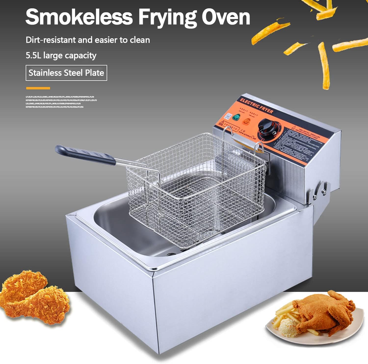 Friggitrice elettrica da banco con cestello solido di facile montaggio, acciaio inossidabile coercitivo, per cucina, ristorante, temperatura regolabile per cucinare patatine fritte di pollo