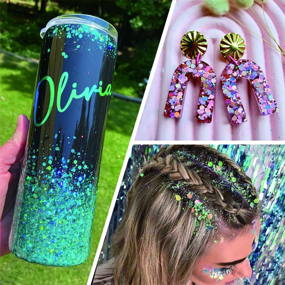 Holographic Chunky Glitter Set of 45 - Fine Craft Sparkle Sequins, Iridescent Flakes for Resin, Body, Face, Eye, Nail Arts, Slime, Tumbler, Festival - Makeup and Craft Supplies