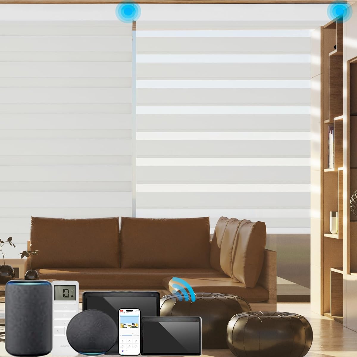 Custom Smart Zebra Blinds Compatible with Alexa,Blackout (85%) Motorized Dual-Layer Zebra Window Shades,Privacy Light Control Available for Remote Control,Voice Control.Google Home, White