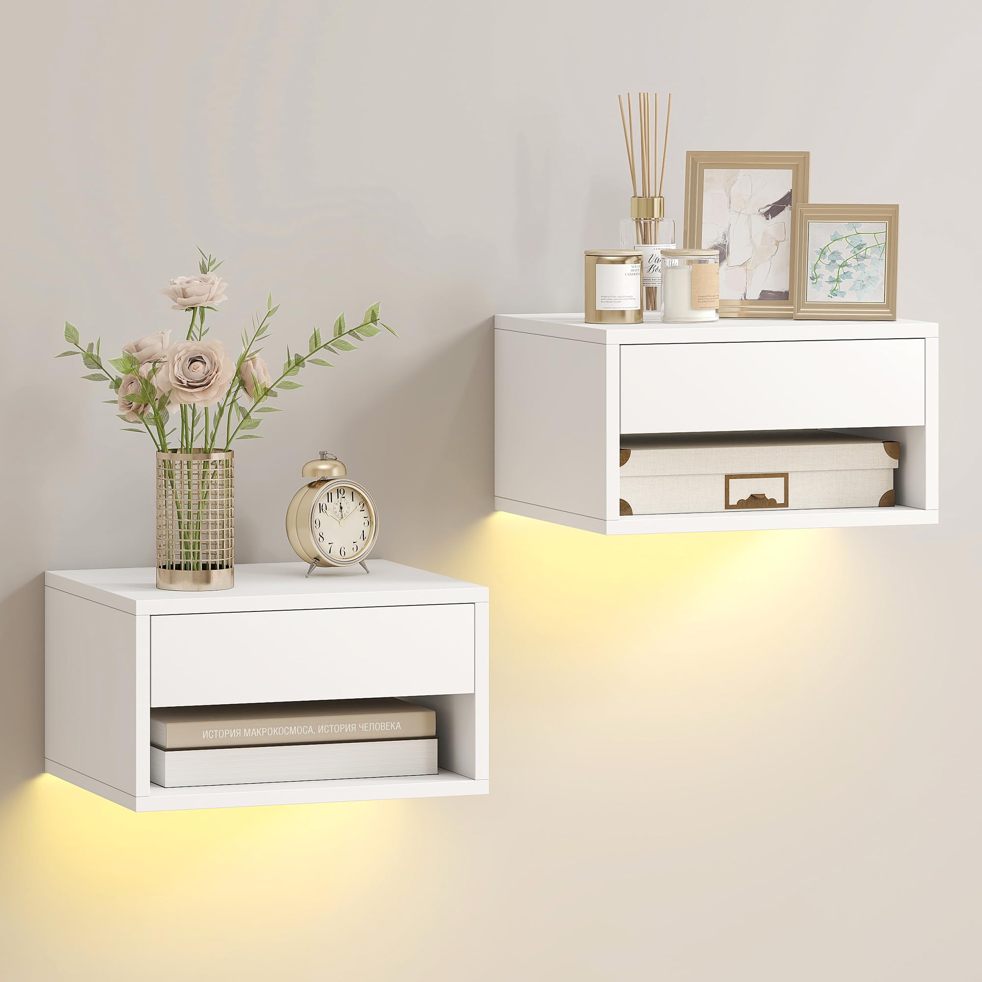 HOMCOM Set di 2 Comodini Camera da Letto Sospesi, Bianco | Coppia di Comodini Moderni, Luci LED RGB Integrate, Regolabili Tramite APP, Cassetto, Ripiano, 37x32x21 cm