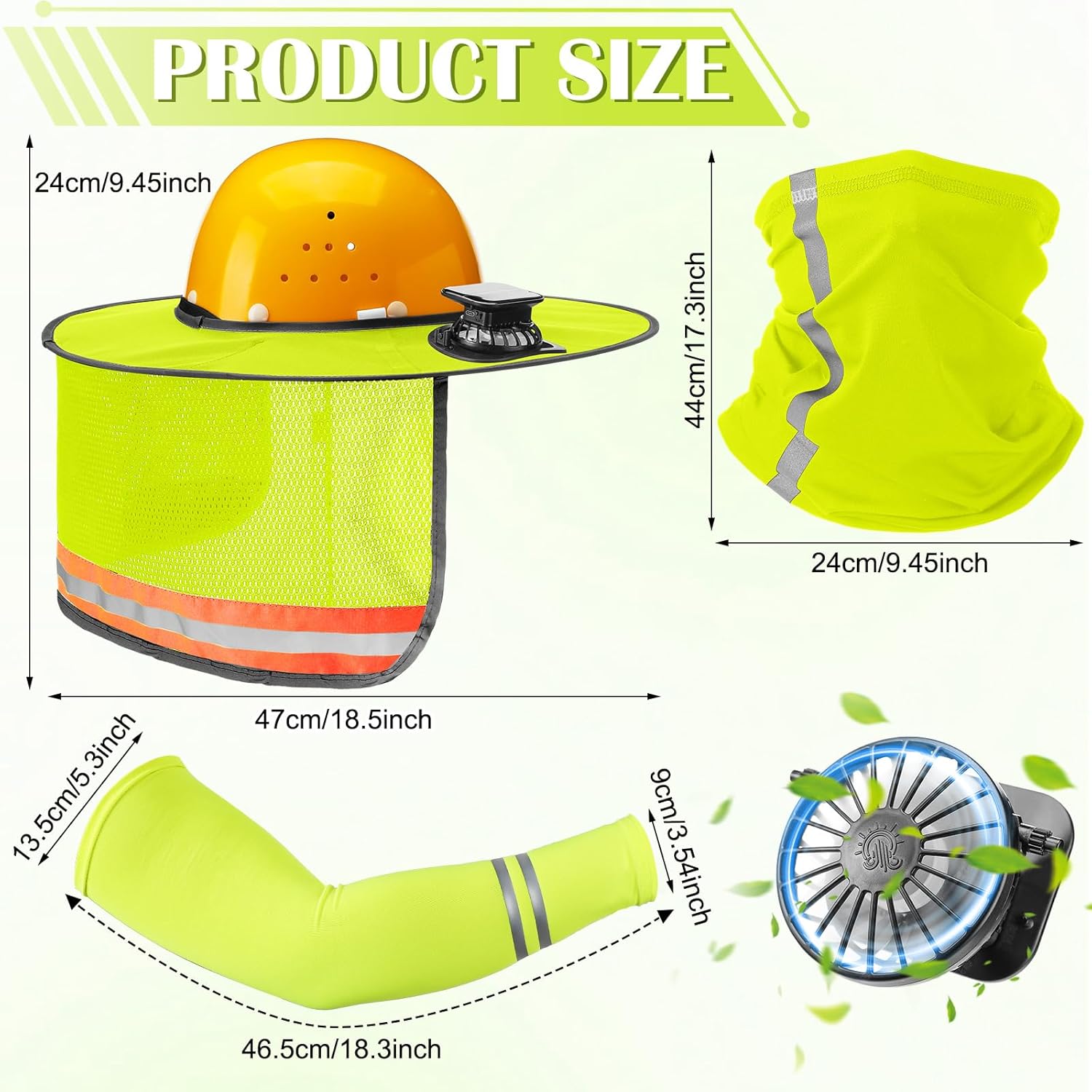 1 Set Sun Hard Hat Shade Full Brim Hard Hat Sun Visor with Solar Fans and Neck Sunshade Cover UV Reflective Strap Arm Sleeves Summer Protection Accessories