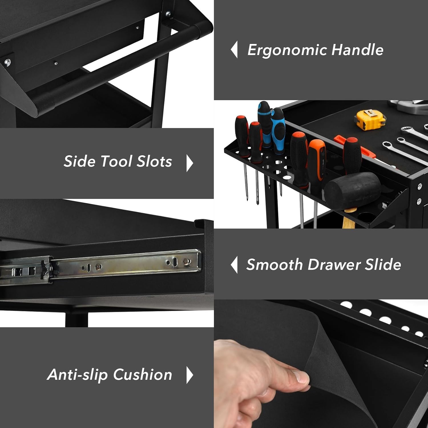 Ergonomic Handle, Side Tool Slots, Smooth Drawer Slide, Anti-slip Cushion