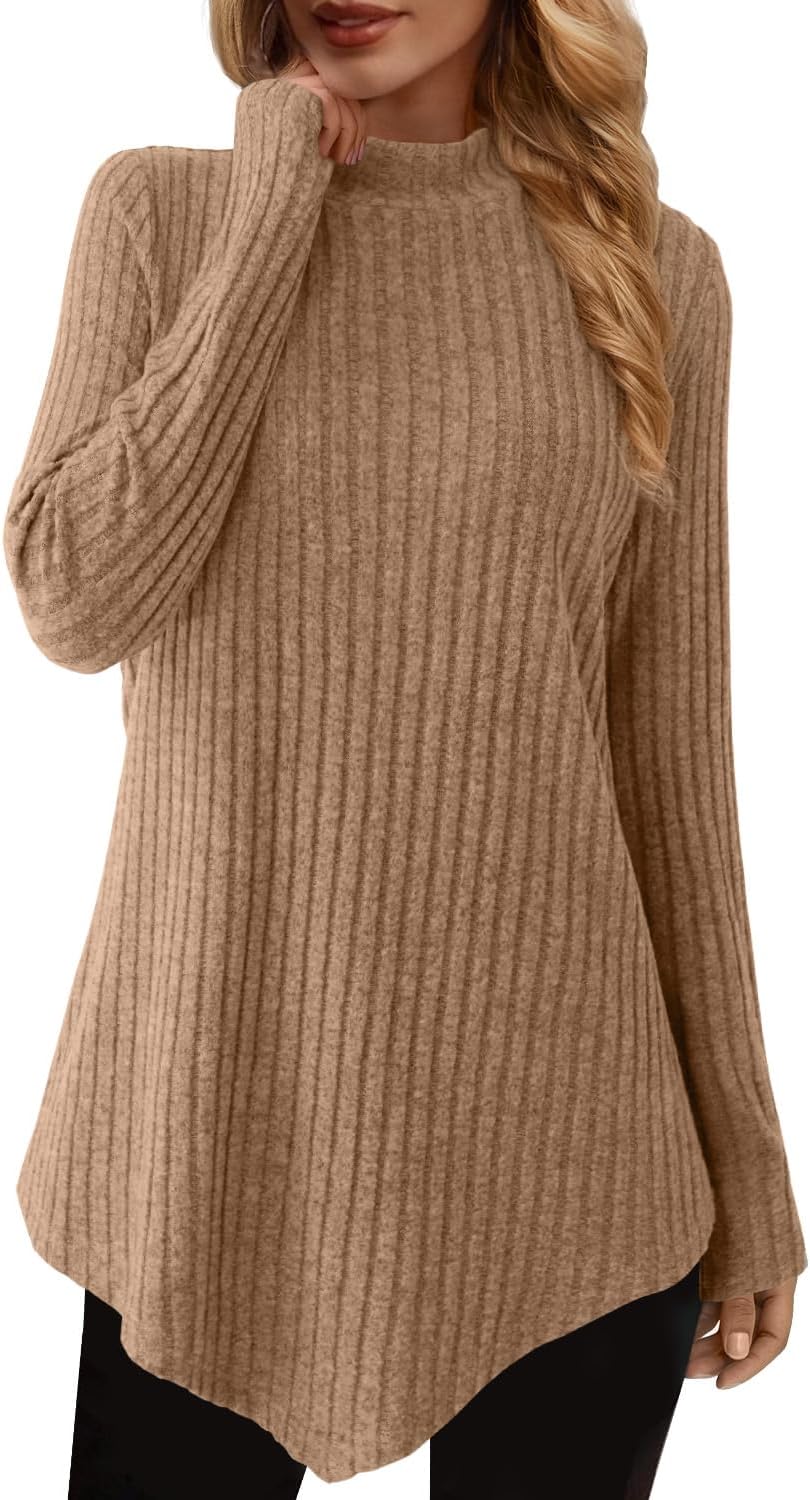 JUSTFASHIONNOW Mock Turtleneck Tops for Women Cozy Sweaters Trendy Long Sleeve Shirts Tunic Tops to Wear with Leggings