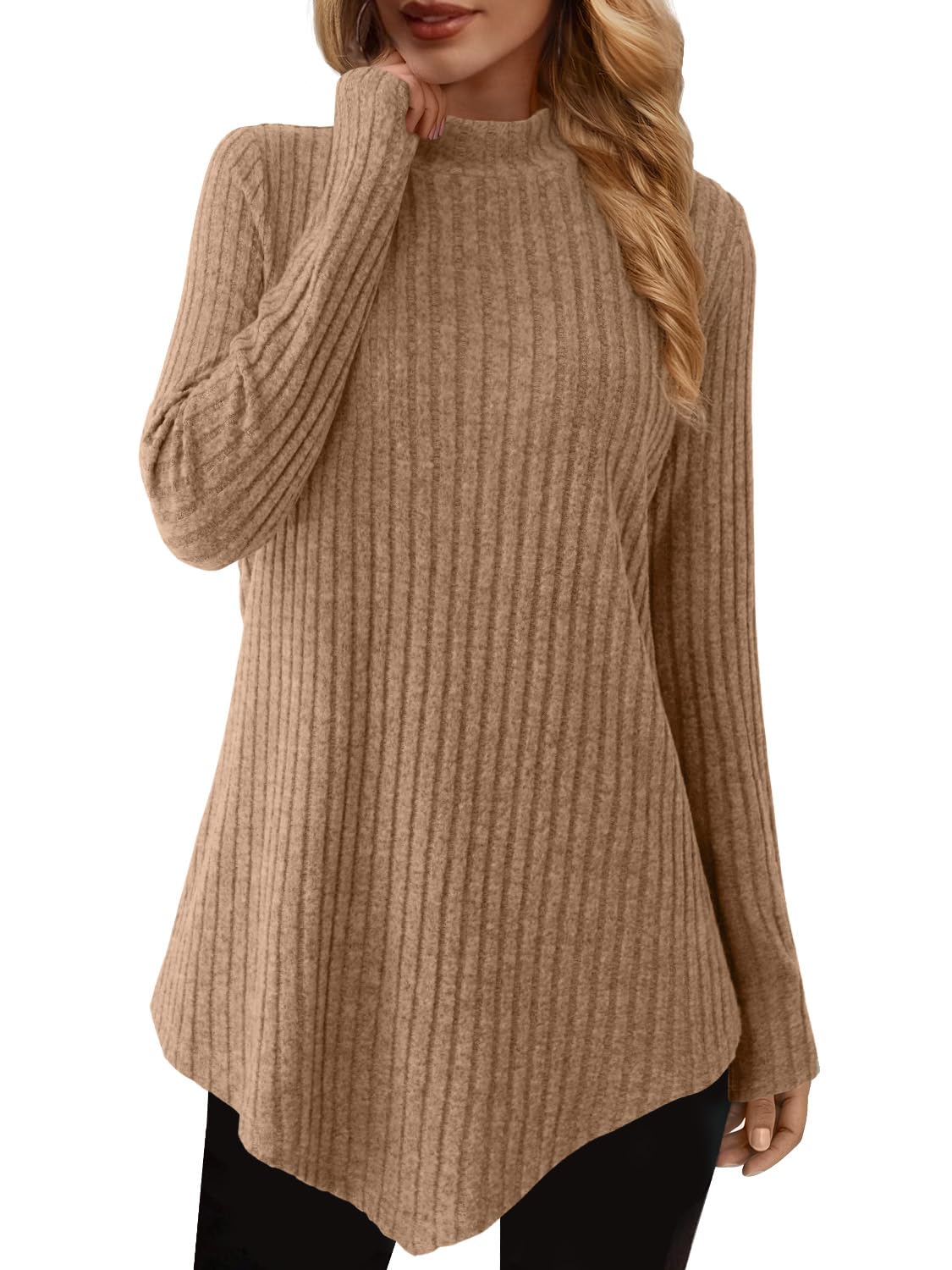 JUSTFASHIONNOW Womens Fall Tunic Tops Long Sleeve Shirts for Women Turtleneck Lightweight Sweaters Asymmetrical Hem Tops