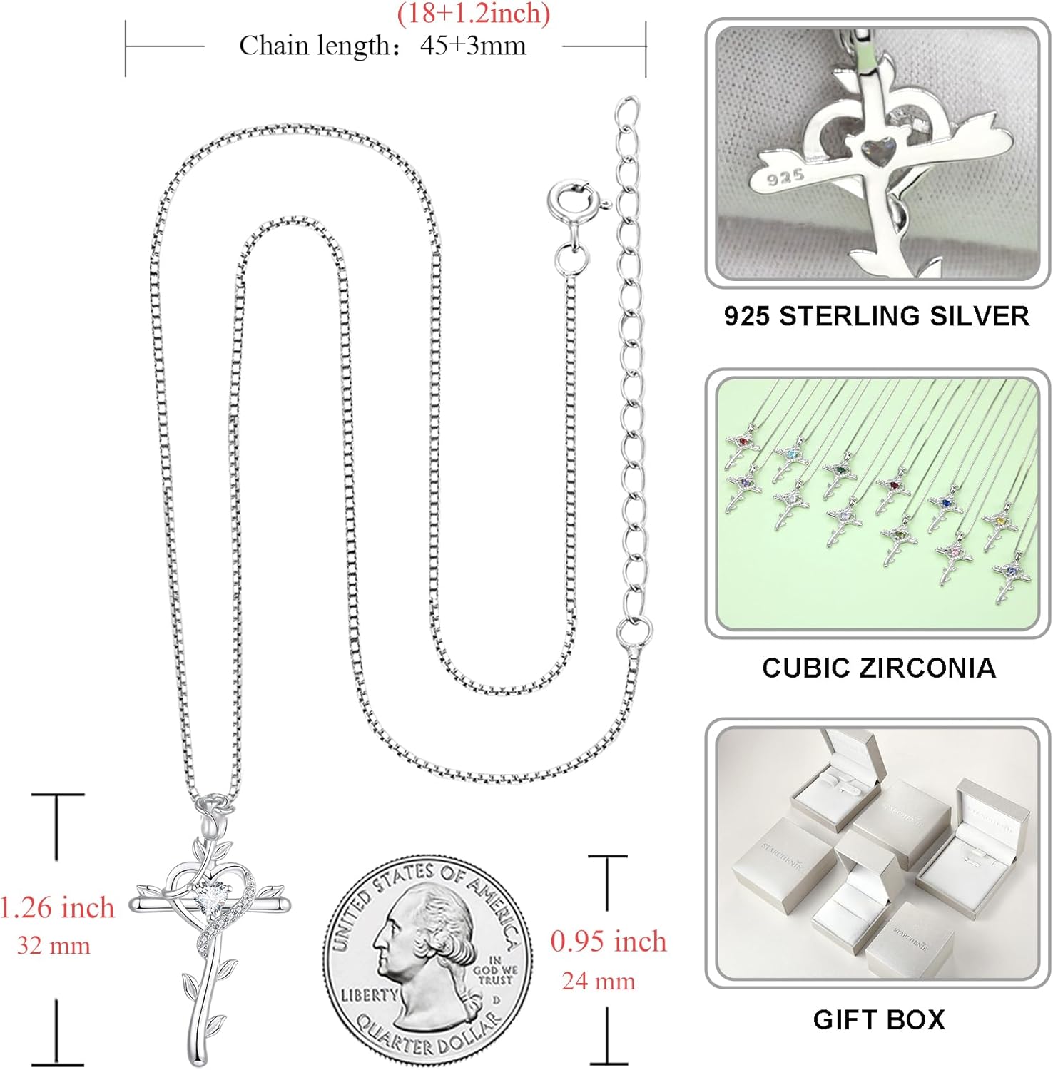 STARCHENIE Rose Cross Necklace 925 Sterling Silver Heart Crucifix Pendant Birthstones Jewelry for Women - Image 6