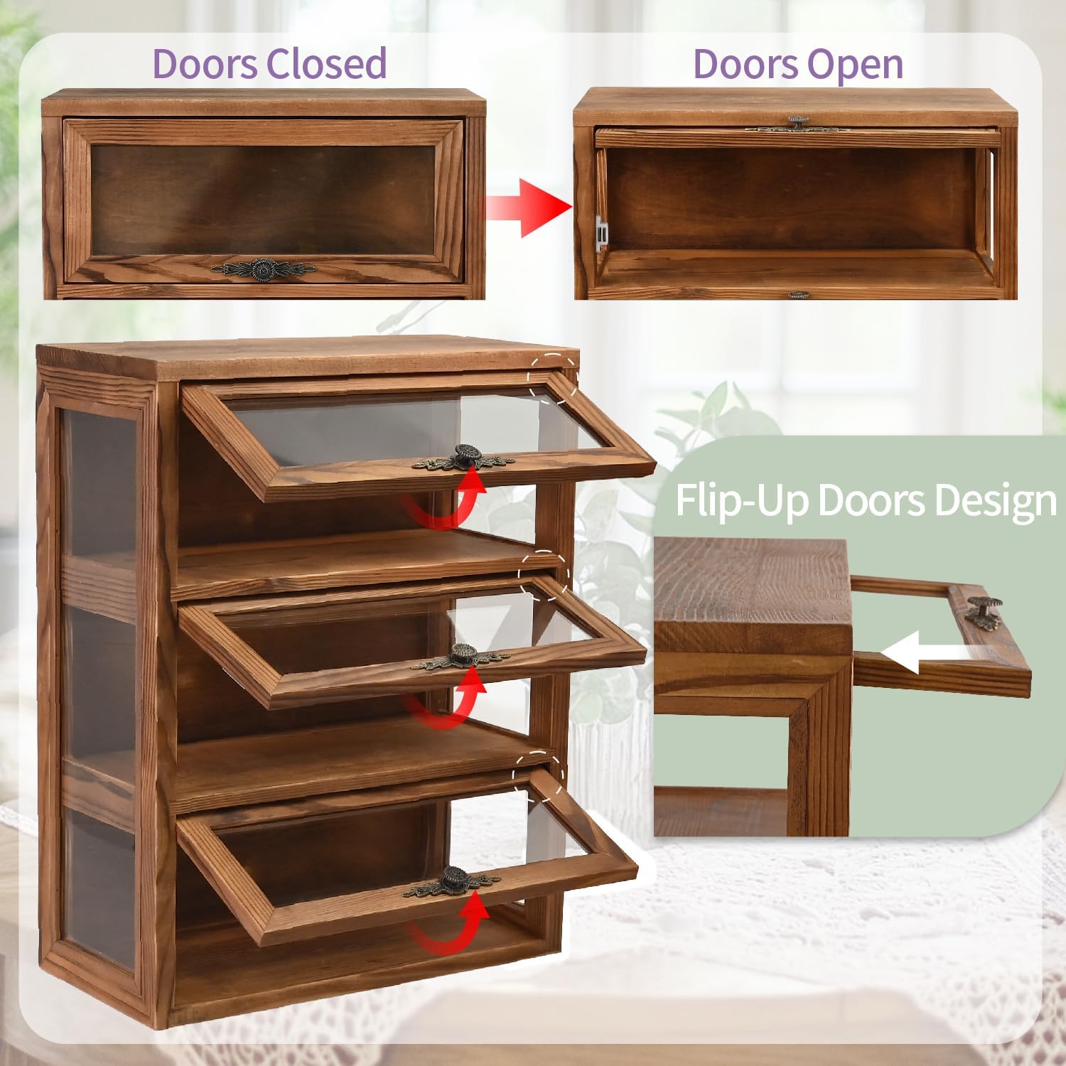 Ikee Design Wooden 3-Level Glass Display Case Cabinet with Magnetic Doors, Countertop Storage Kitchen Sideboard Organizer for Eyewear, Mugs Cups, Pastry, Collectibles, Brown, 12.2W x 6.2D x 15.7H in