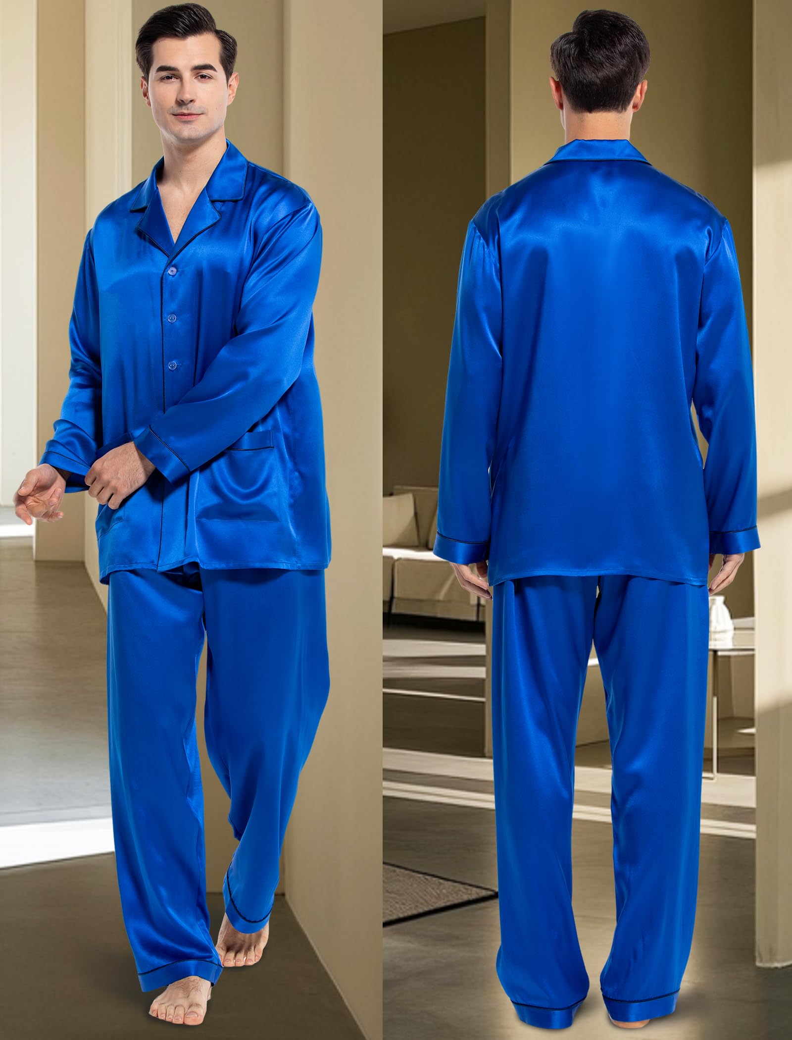 COLD POSH Schlafanzug Herren Pyjama Negligee Lang: Satin Sommer Elegant Nachtwäsche 100% Seide Leicht Weich Sleepwear V Ausschnitt Loungewear Junge Strand Party Reisen Feiertage Navy Blau,L | 2-teiliges weiches leichtes Herren-Pyjama-Set aus Seide für Val