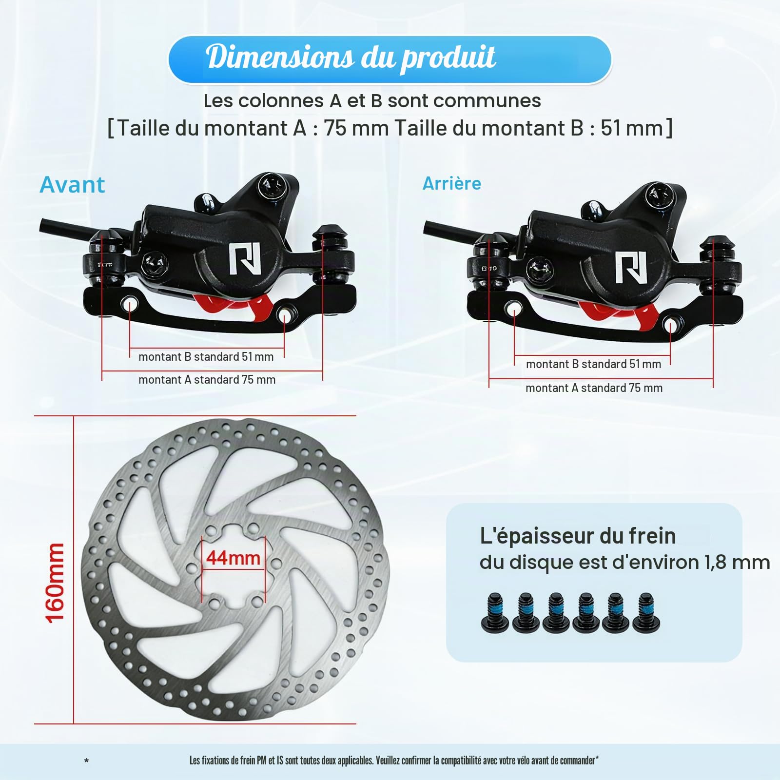 ROADNADO Jeu de Freins hydrauliques VTT Freins à Disque hydrauliques, Jeu de Freins à Disque de vélo 160 mm Avant 800 mm arrière 1400 mm Frein à Huile VTT en Alliage d'aluminium