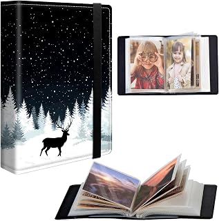 5x7 Photo Album Small Leather Cover, Holds 120 Photos in Clear Pockets, Portable Mini Picture Book with Elastic Band, Cute Memory Album for Family, Wedding&Travel Gift,Black Forest Starry Deer