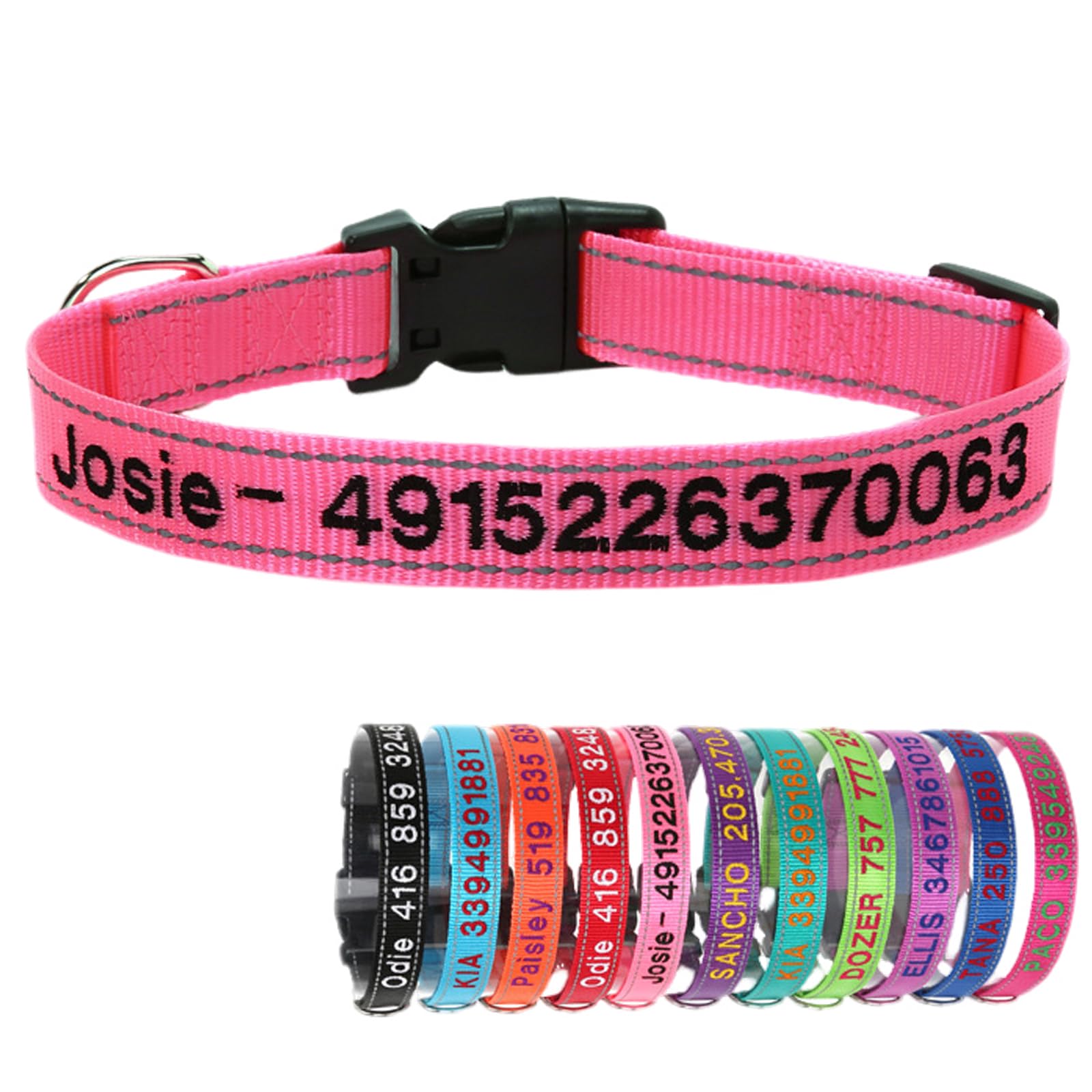Yonsbox Pink Reflective Custom Personalised Dog Collar Embroidered with Name Phone Number Quick Release Buckle for Boy Girl Small Medium Large Dogs