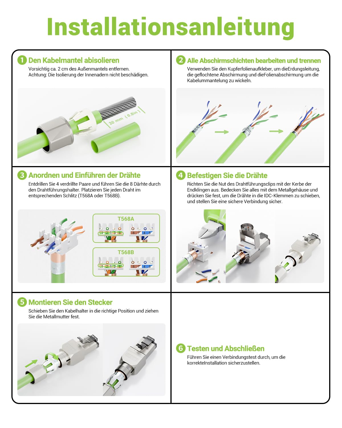 Netzwerkstecker Cat7 Werkzeuglos, 10 Gbit/s 600 MHz, Geschirmt RJ45 Stecker Werkzeuglos POE für Cat7 Cat6A Verlegekabel, Vergoldet lan stecker cat 7 werkzeuglos, Wiederverwendbar, 8 Stück, Grau