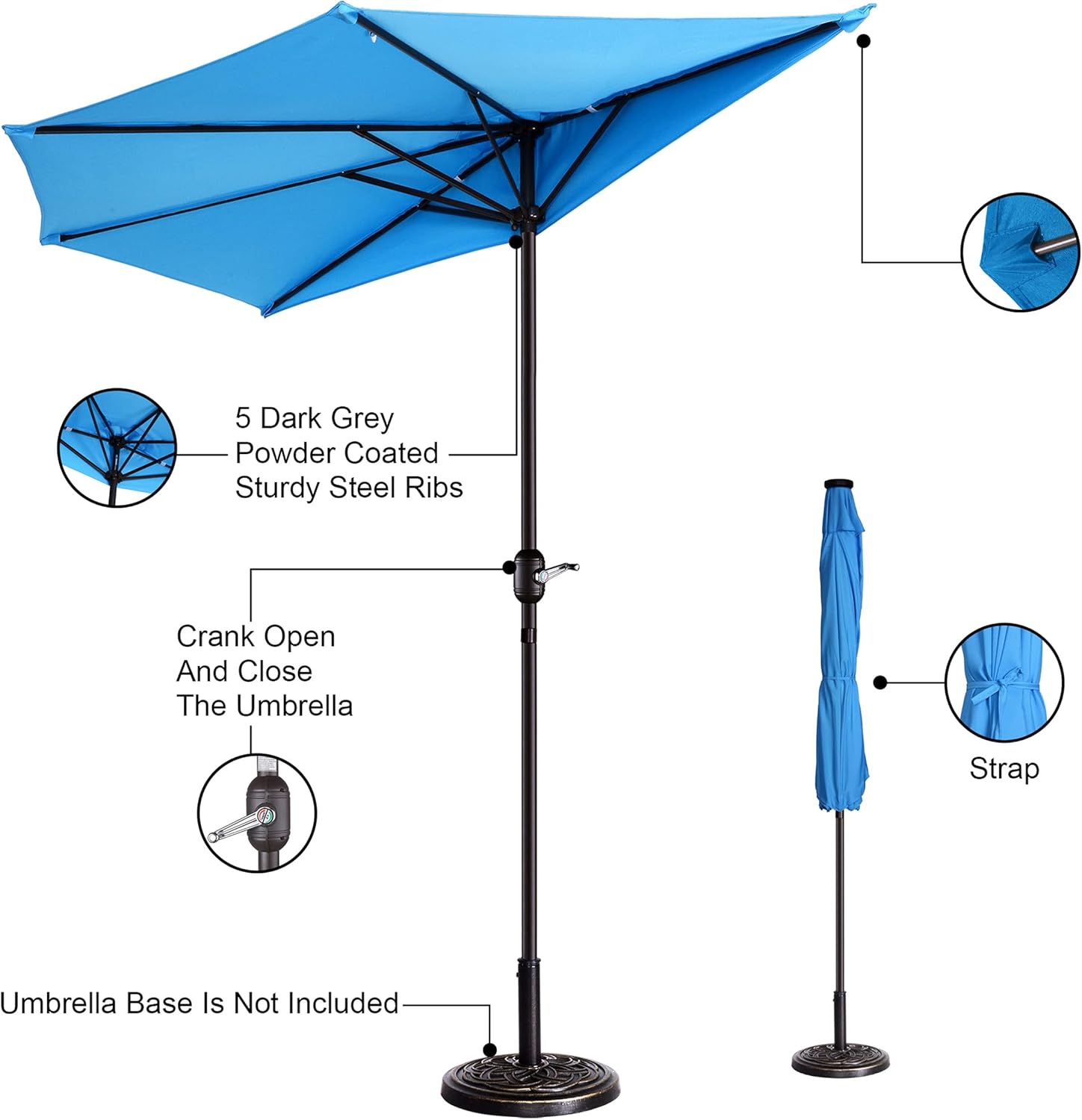 Patio Umbrella - 9FT Half Umbrella Outdoor Patio Canopy with Easy Hand Crank - Condo, Townhouse, or Balcony Furniture by Villacera (Blue)