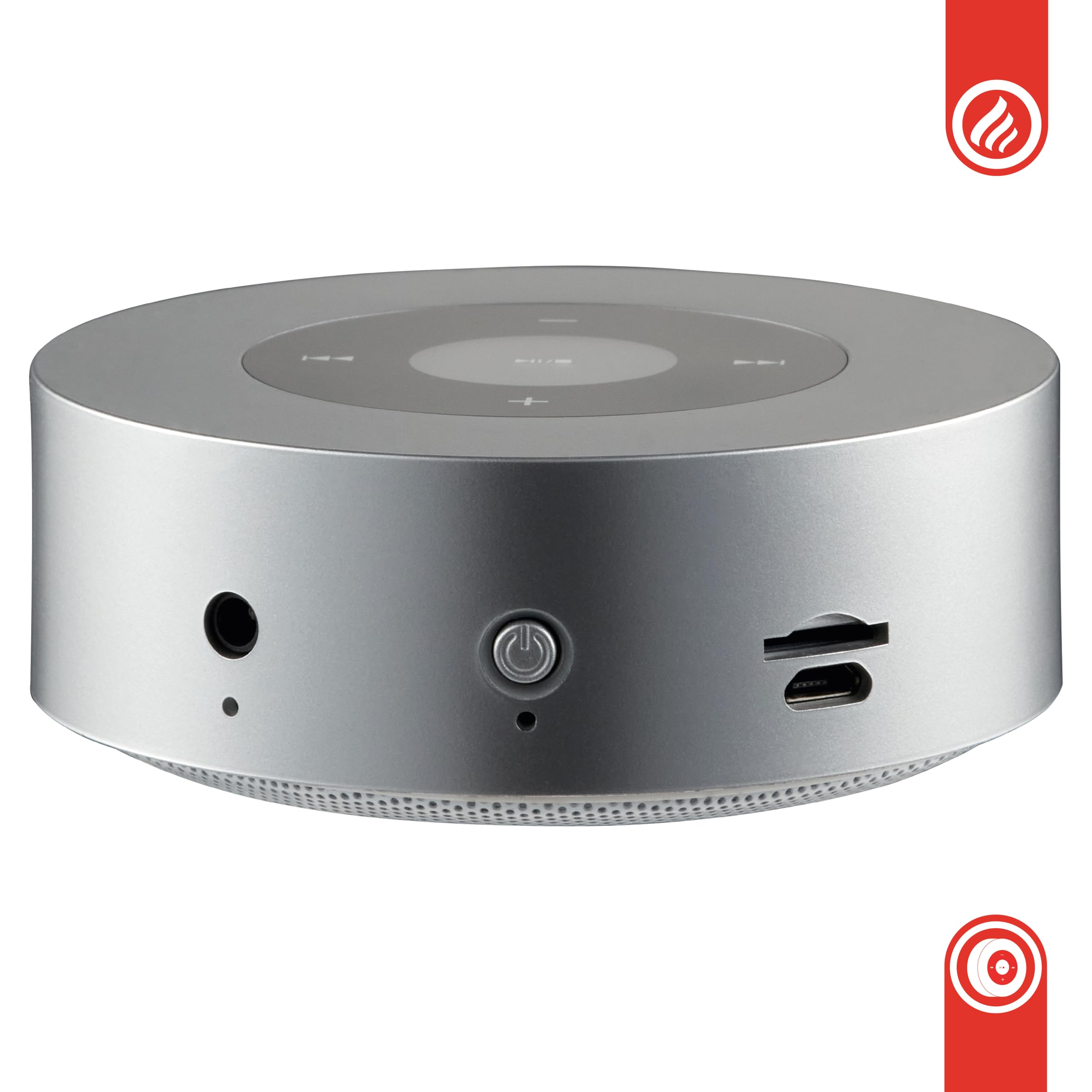 KAMINIO Głośnik z efektem trzaskania MORITZ - Mocny głośnik z dźwiękami ognia kominkowego, Bluetooth, AUX, mikrofonem, akumulatorem - Srebrny
