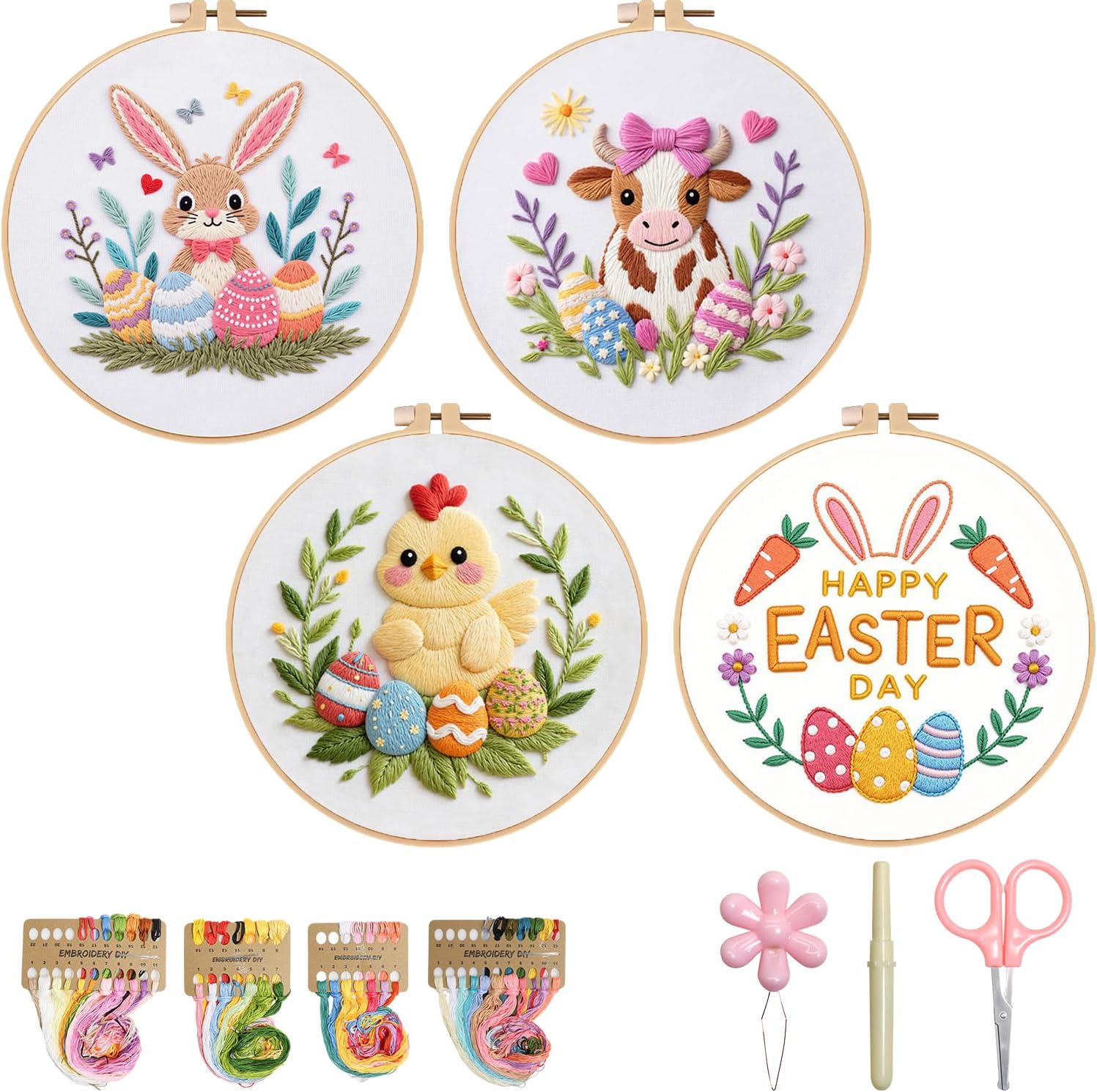 Halloween Embroidery Kit, Pumpkin Cross Stitch Kits, 4 Set Craft Kits for Beginners with Pre-Printed Embroidery Fabric, Hoops, Step-by-Step Instructions, Color Threads & Needles (Halloween-4 Set)