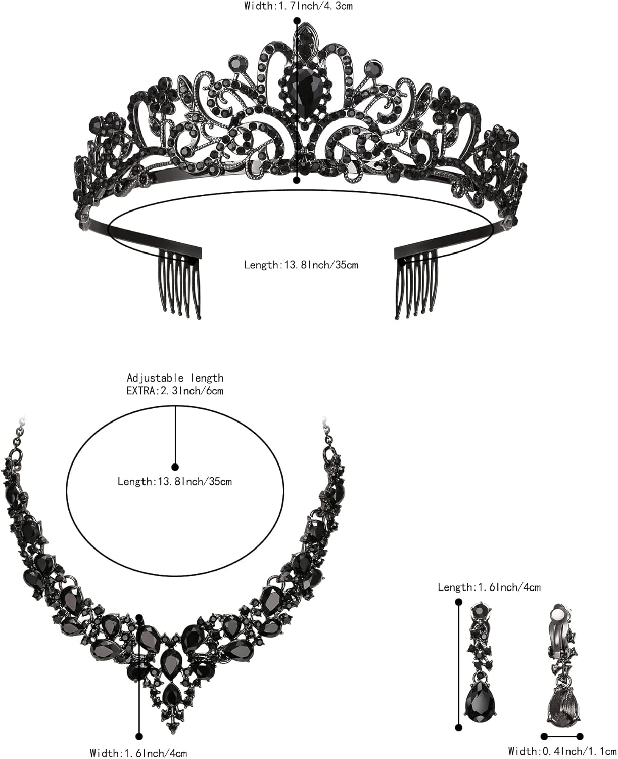 BriLove Alloy Crystal Teardrop Cluster Statement Necklace Clip-on Earrings Tiara Set