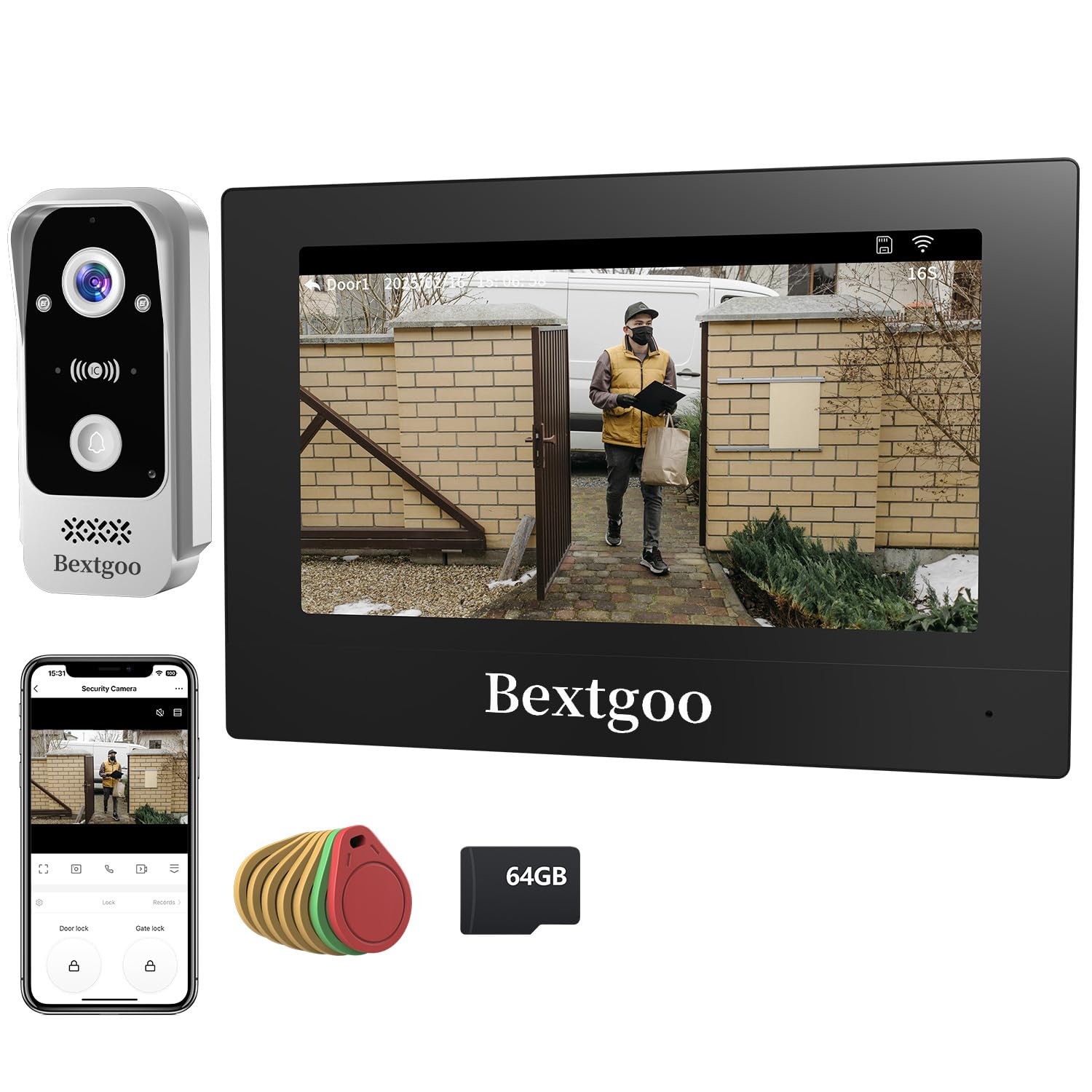 2K Videoportero WiFi con Apertura de Puerta, 7'' Monitor Táctil a Color, 2 Hilos, Desbloqueo en Remoto por App/Tarjeta IC, Visión Nocturna, Audio Bidireccional, Detección de Movimiento Humano, IP66