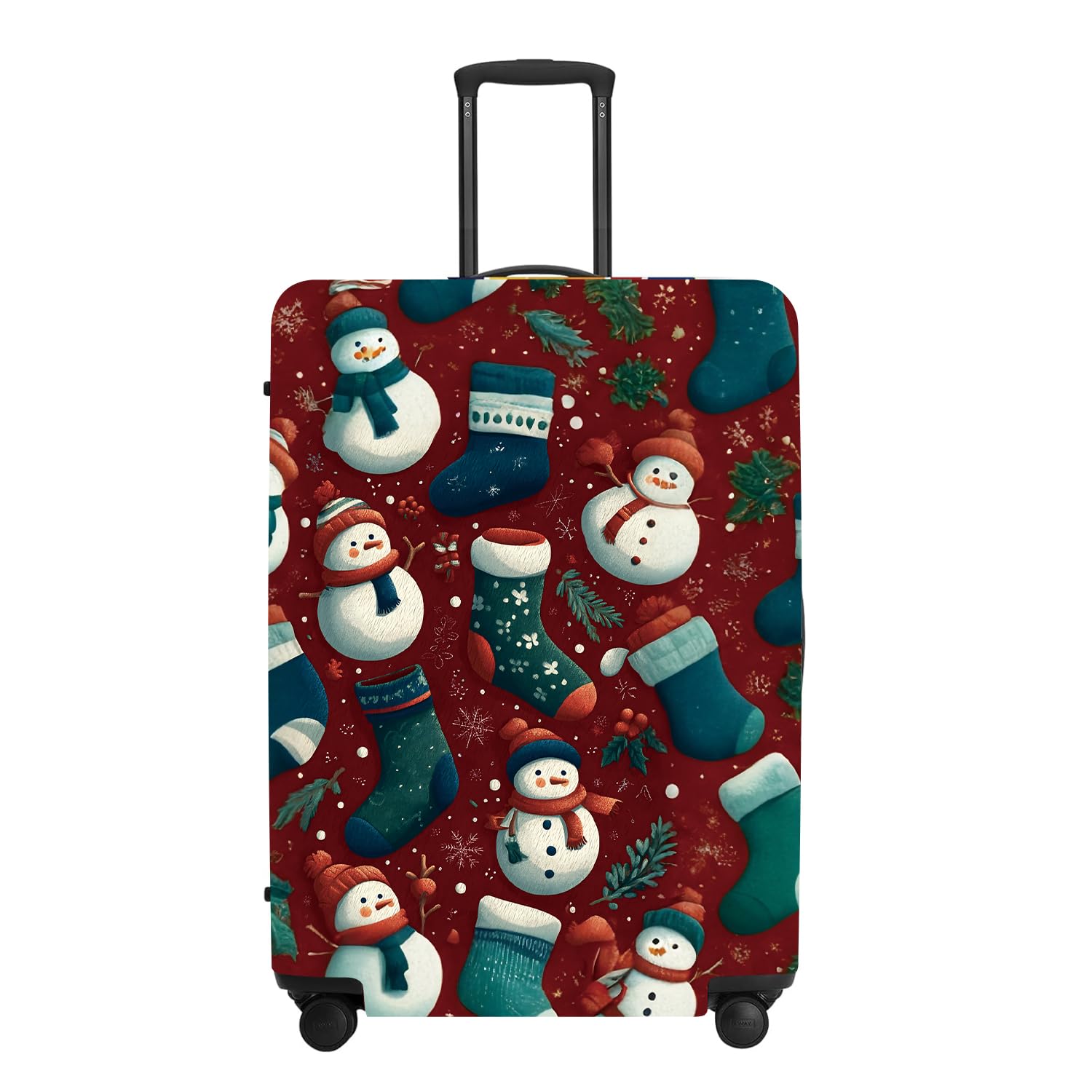 Christmas Luggage Cover - Allover Green Socks and White Snowmen Pattern on Dark Background, Stretchable Suitcase Protector for 18 20 22 Inch Travel Bags