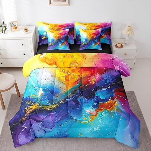 Erosebridal Marble Ombre Fluid Purple Yellow Comforter Set Queen Size 7 Pieces |