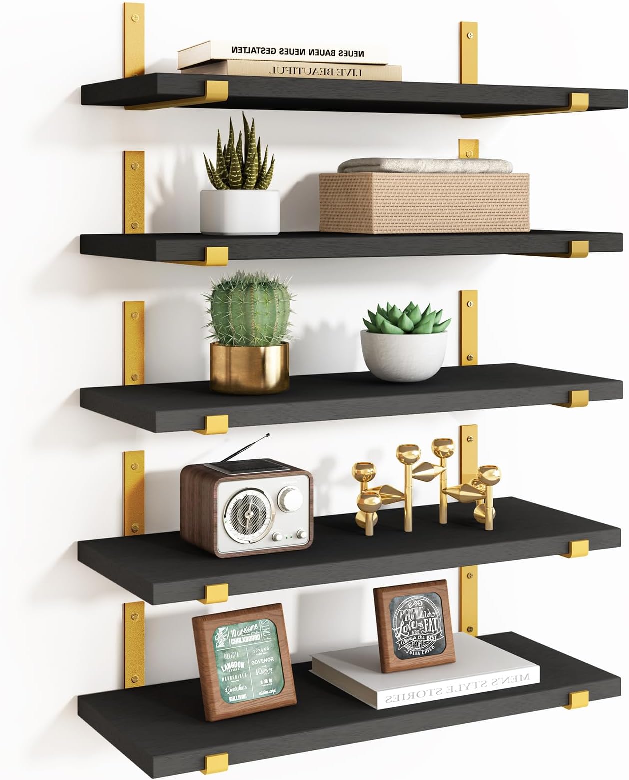 Floating Black Gold Shelves Set of 5, Width 4.7 Inches, Rustic Wood Wall Storage Shelves for Bedroom, Living Room, Kitchen, Bathroom, Home Decor, Laundry Room, Office and Plants