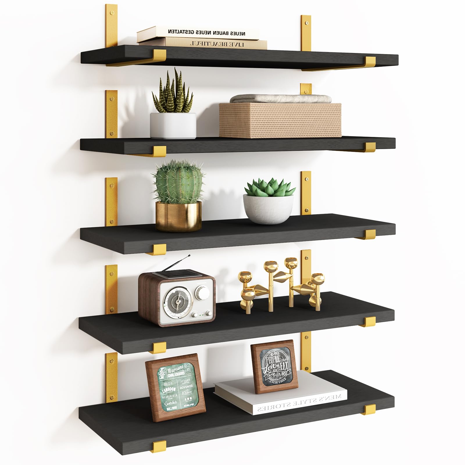 Fixwal Floating Black Gold Shelves Set of 5, Width 4.7 Inches, Rustic Wood Wall Storage Shelves for Bedroom, Living Room, Kitchen, Bathroom, Home Decor, Laundry Room, Office and Plants