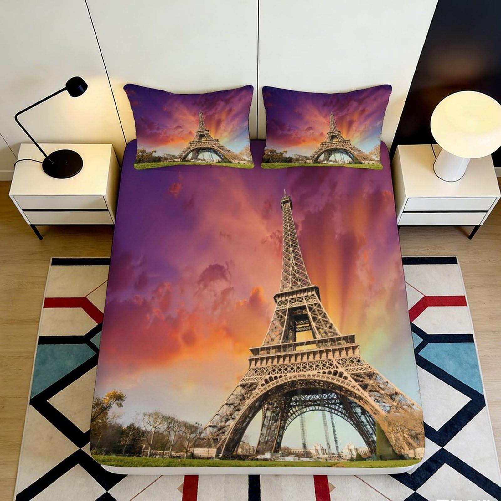 3D Printed Eiffel Tower Fitted Sheet Microfiber Soft Breathable Sunset Sky Bed Cover for Bedroom Dormitory Guest Room Mattress Protection Decor 160x200x25cm