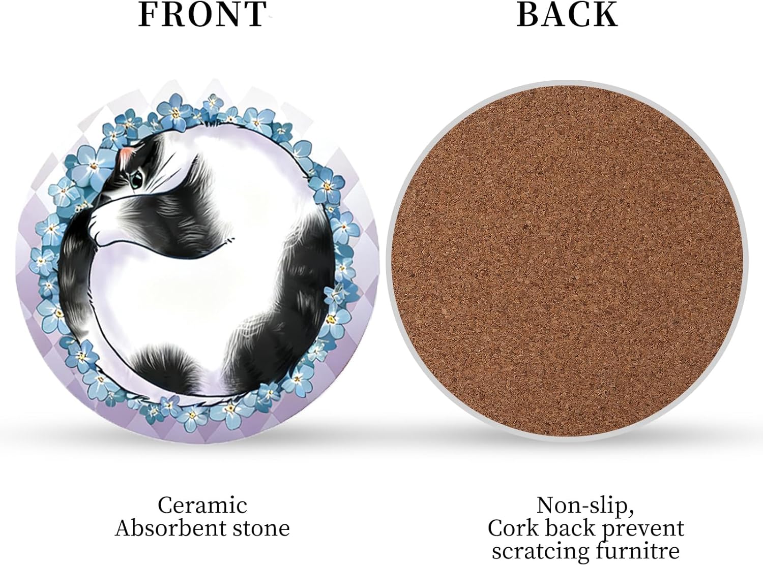 Coasters Absorbent Ceramic Coaster Drink Coasters with Cork Back Lazy Cats Set of 6 Round Coaster Non Slip for Coffee Table Wine Glass Home Bar 4 Inch, Cute - Image 4