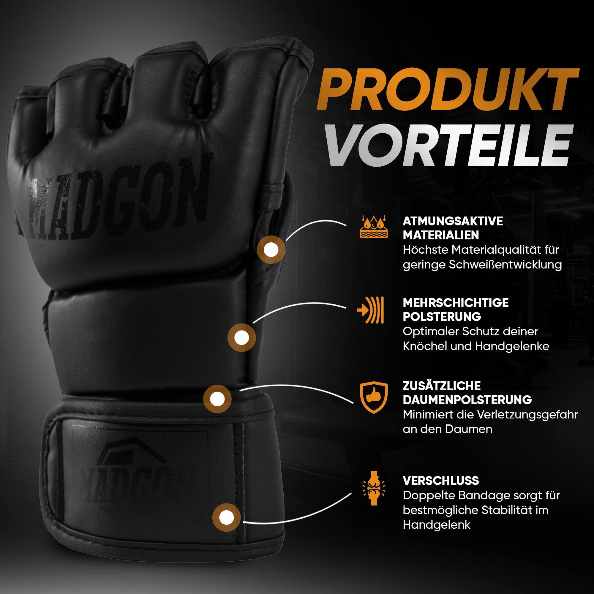 MADGON Premium MMA Handschuhe für Kampfsport, Grappling, Sparring, Krav MAGA, Muay Thai, Boxsack, Pratzen für Männer und Frauen