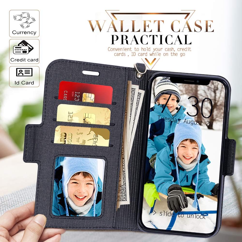 Skycase iPhone 11 Case 6.1",[RFID Blocking] Handmade Flip Folio Wallet Case with Card Slots and Detachable Hand Strap for Apple iPhone 11 6.1" 2019,Black