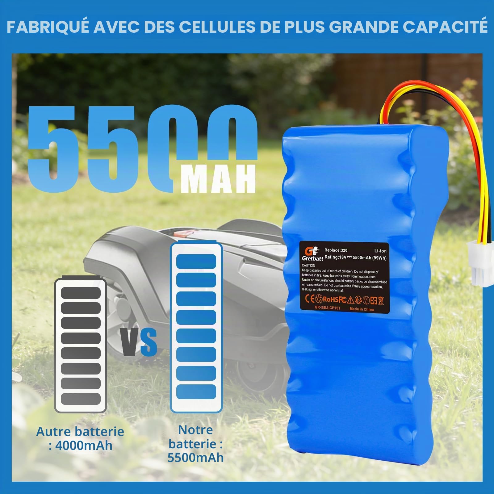 18V 5500mAh Batterie pour Robot Tondeuse, Remplacement pour Batterie 580 68 33-01,580 68 33-02.Batterie de Rechange pour Husqvarna Automower 320, 330X, 420, 430, 440, 450X, 520, 550