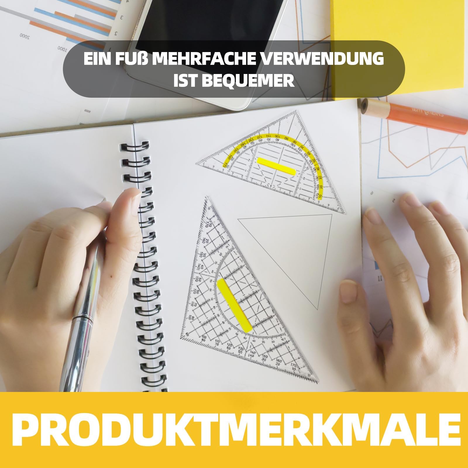 Trójkąty geometryczne z uchwytem, 20 cm i 14 cm, kątomierz, zdejmowany uchwyt, wypustki do tuszu, skala metryczna, zestaw 2 sztuk