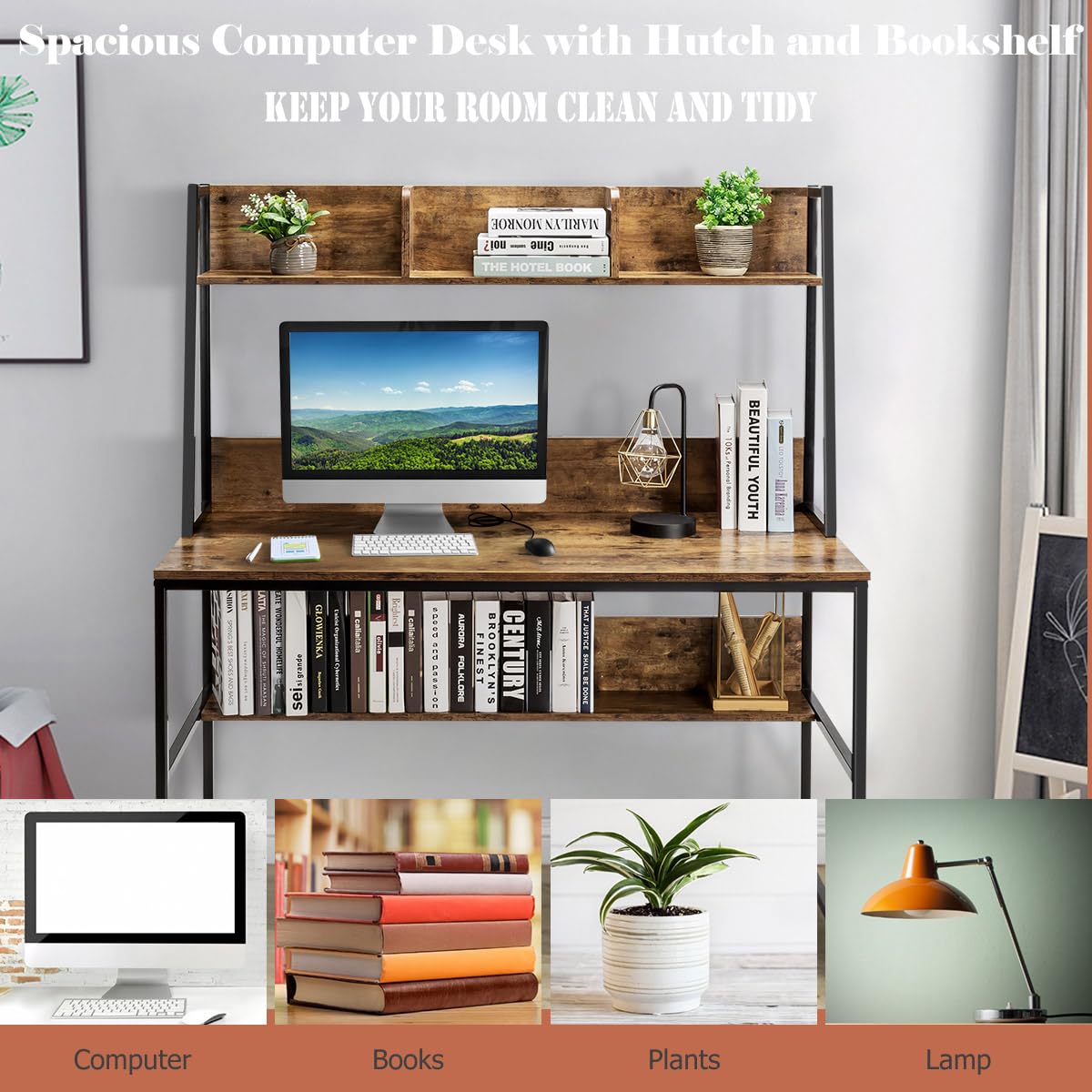 LIFEZEAL Scrivania con appoggio, scrivania per computer con ripiani, tavolo da lavoro multifunzione con libreria, tavoli da ufficio in legno, per studio e camera da letto, 120 x 57 x 140 cm (caffè)