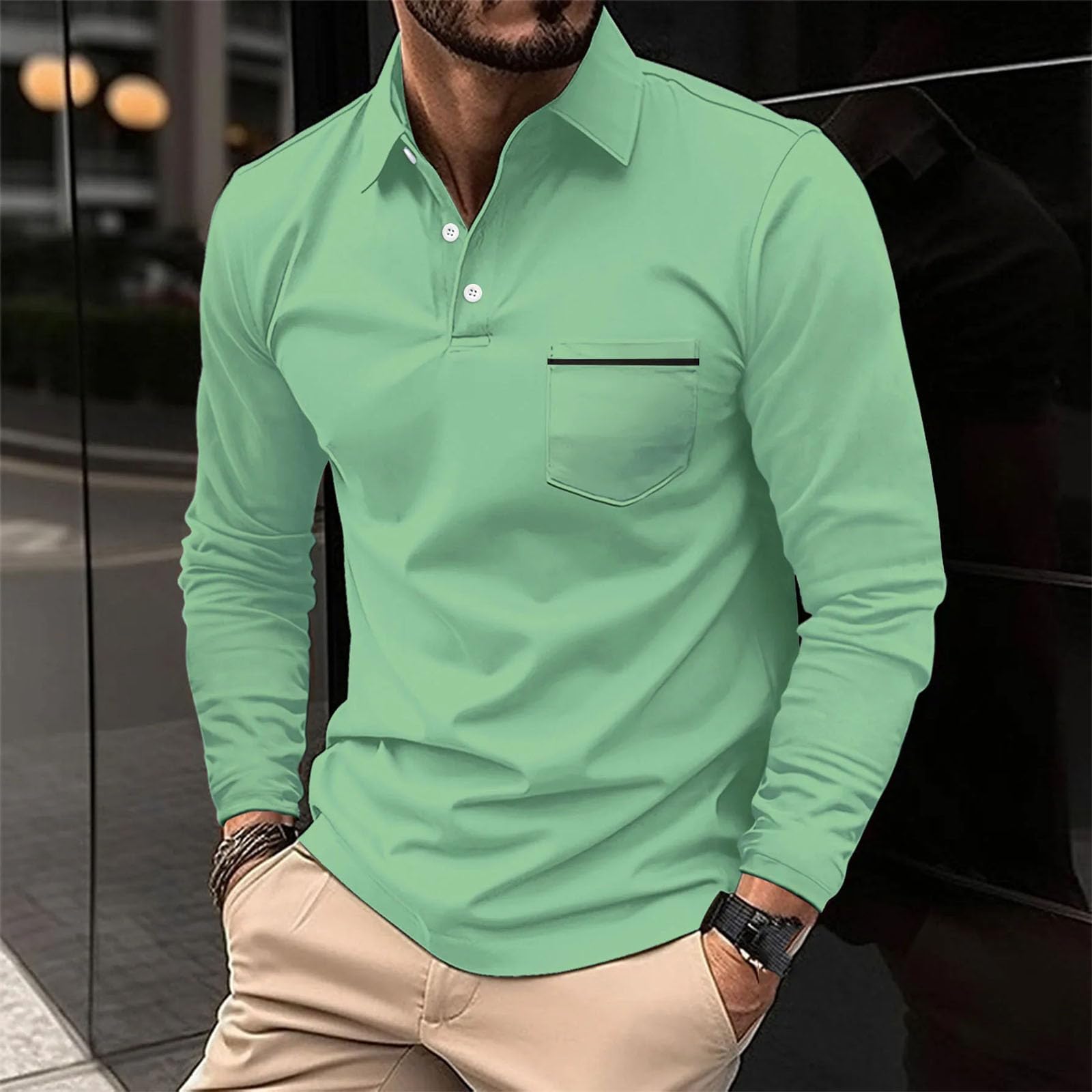 Polo da uomo a maniche lunghe, con tasca a bottone, manica lunga, traspirante, sportiva